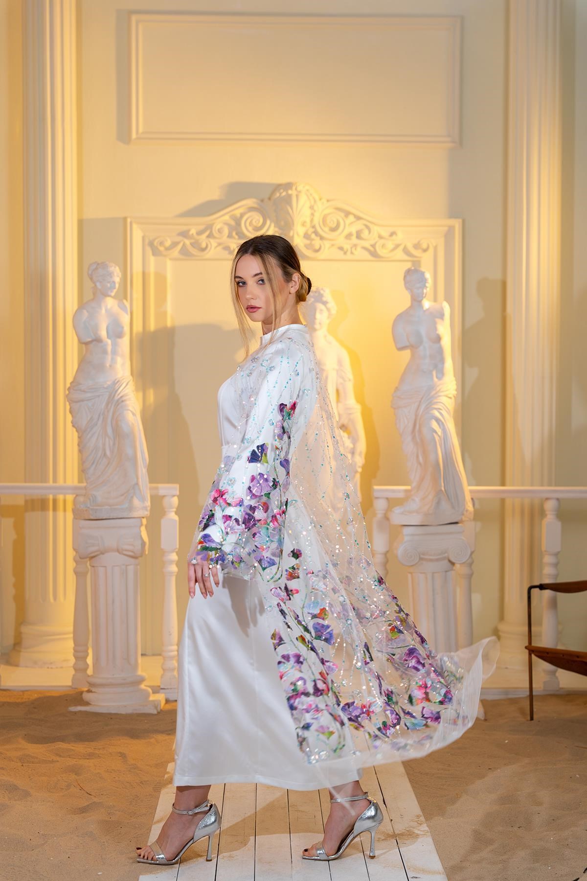 Organze Abaya Elbise İkili Takım Beyaz