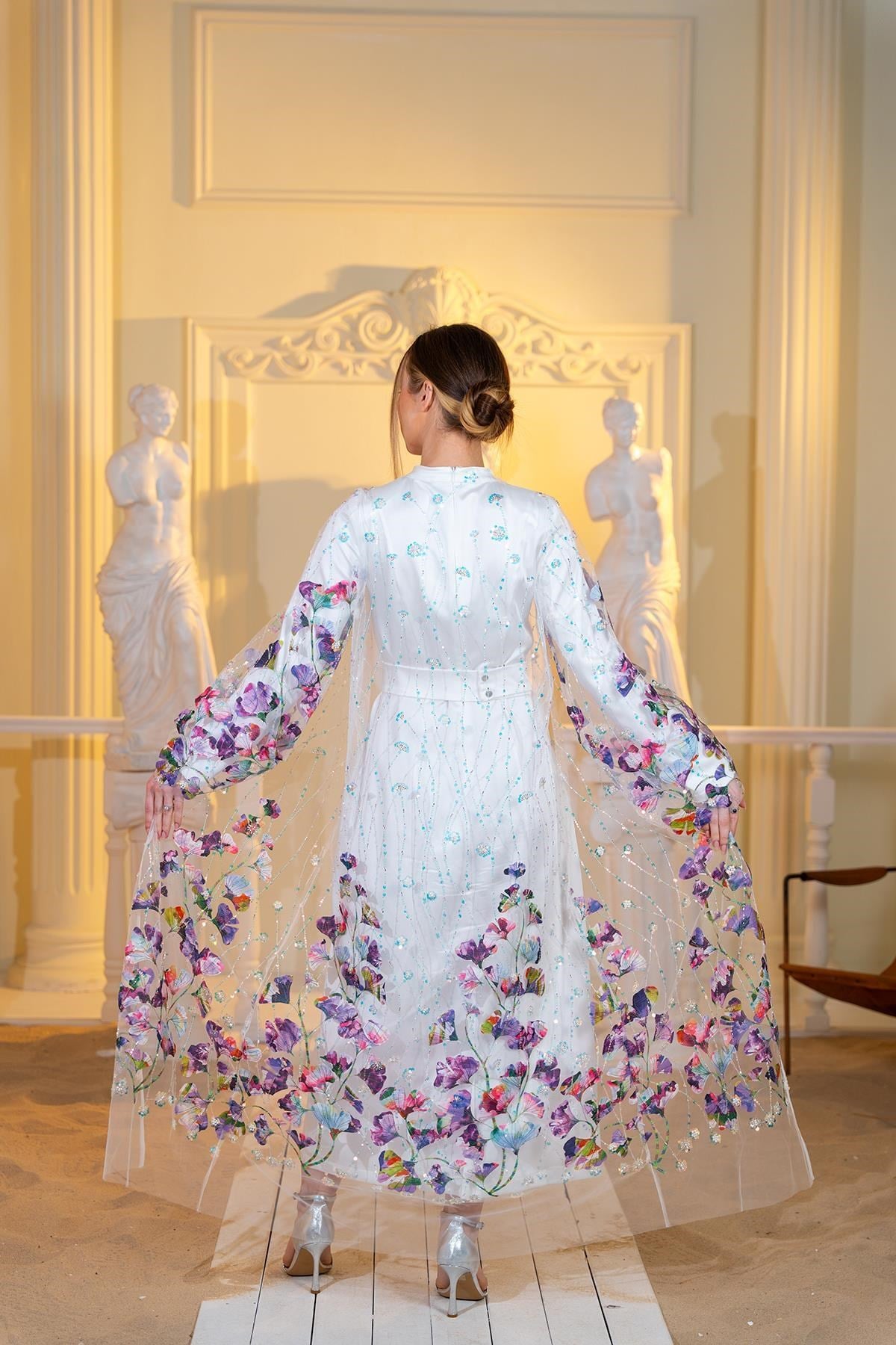 Organze Abaya Elbise İkili Takım Beyaz
