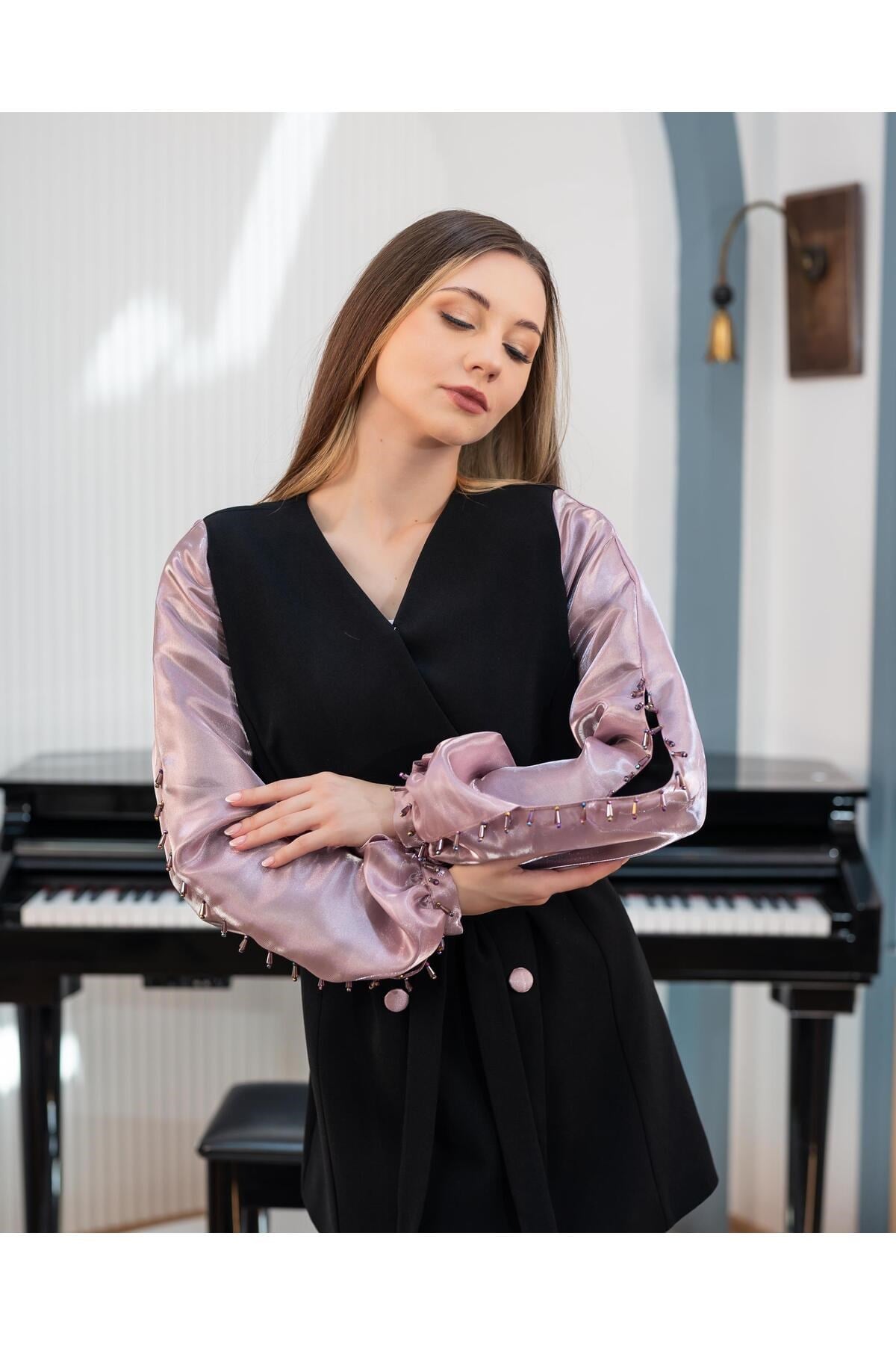 Organze Kollu Ceket Pantolon İkili Takım Vizon