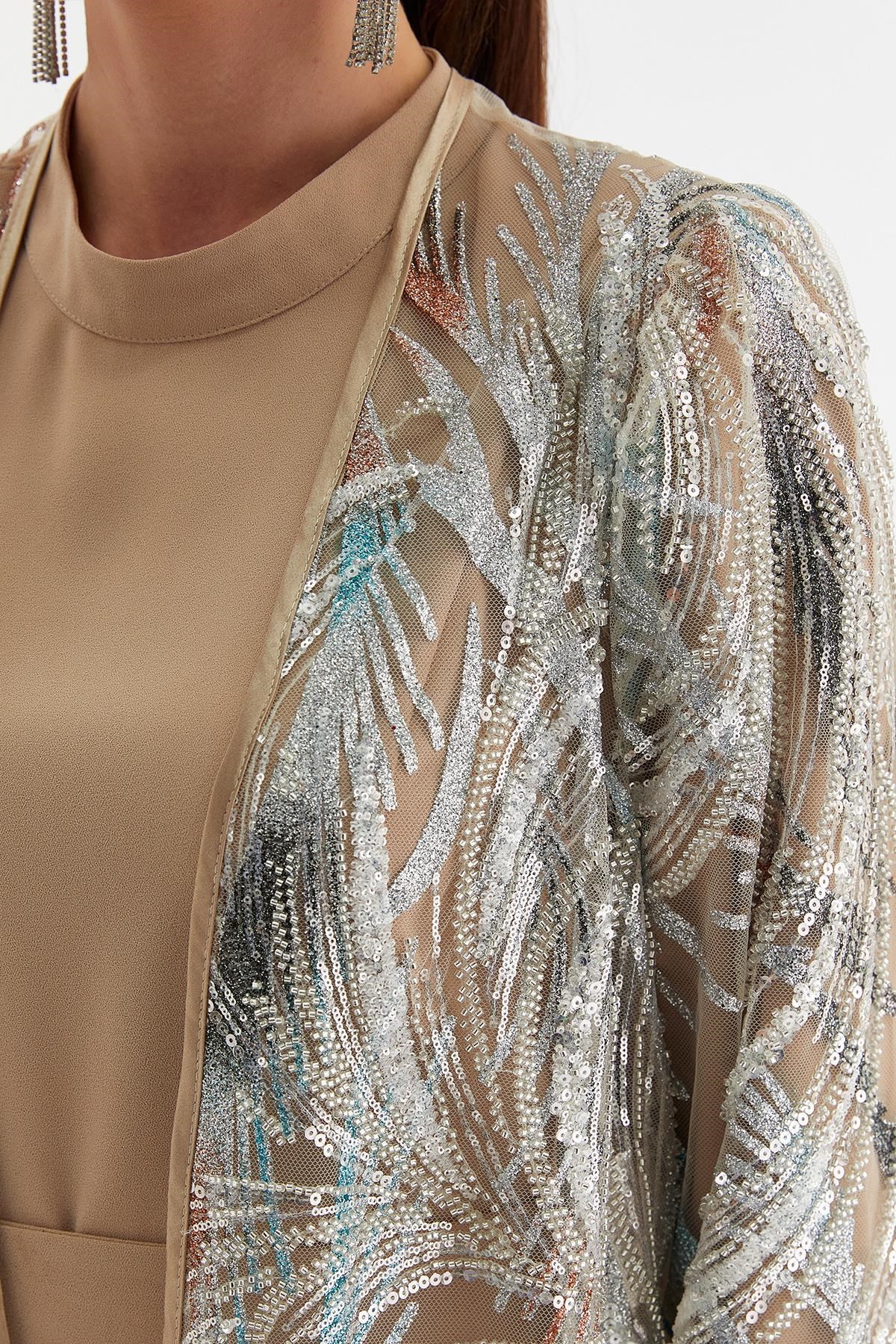 Payet Kumaşlı Elbise Abaya İkili Takım Vizon