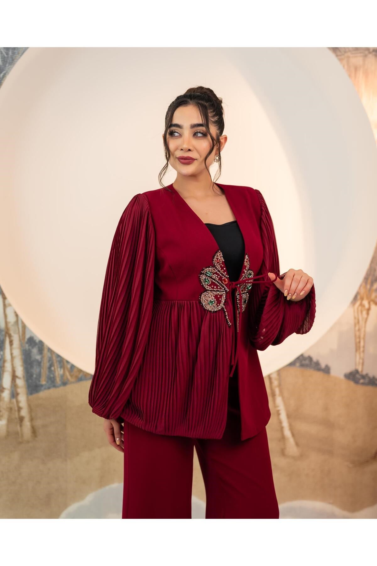 Pliseli Ceket Pantolon İkili Takım Bordo