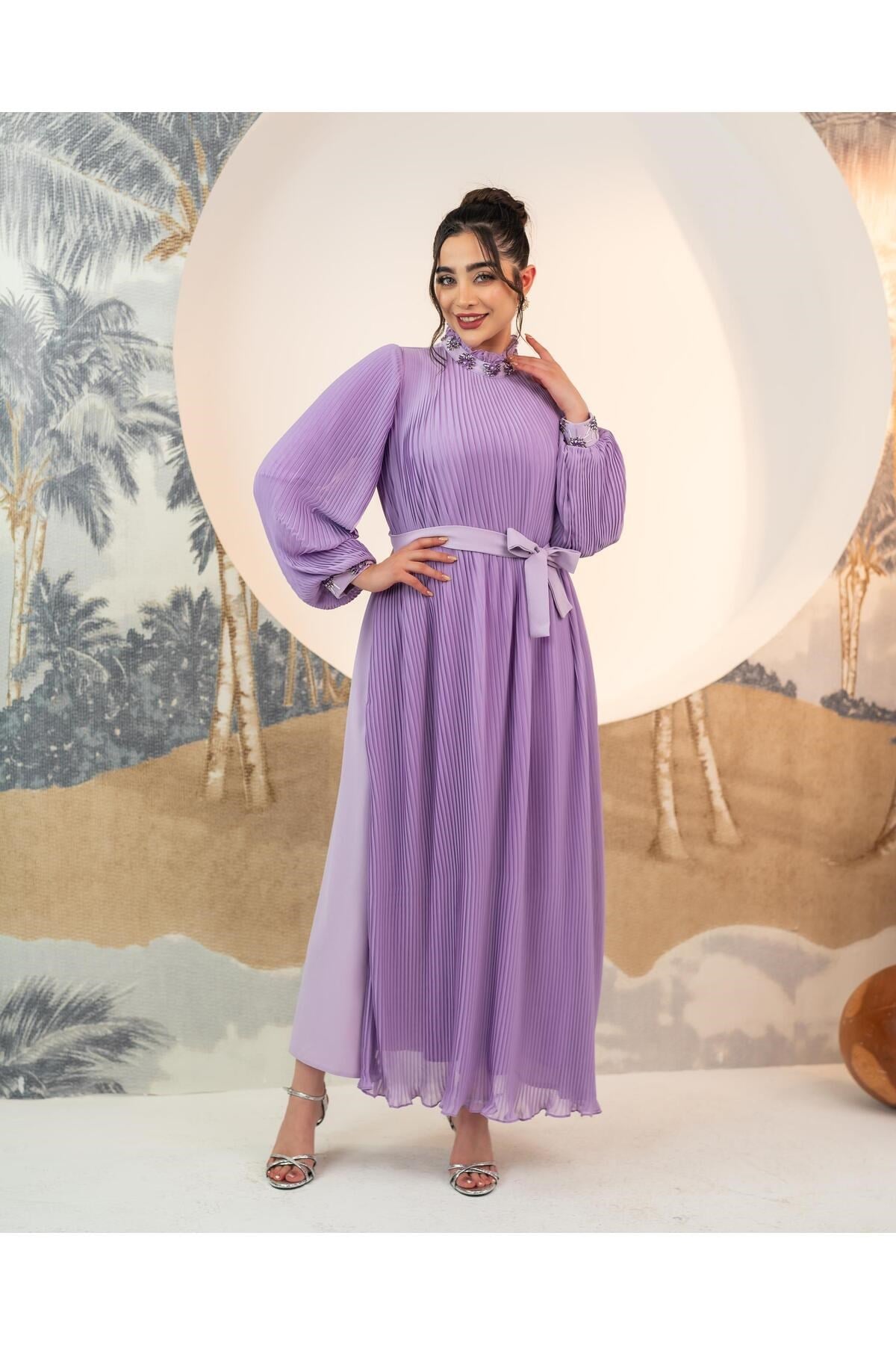 Pliseli Şifon Elbise Lila