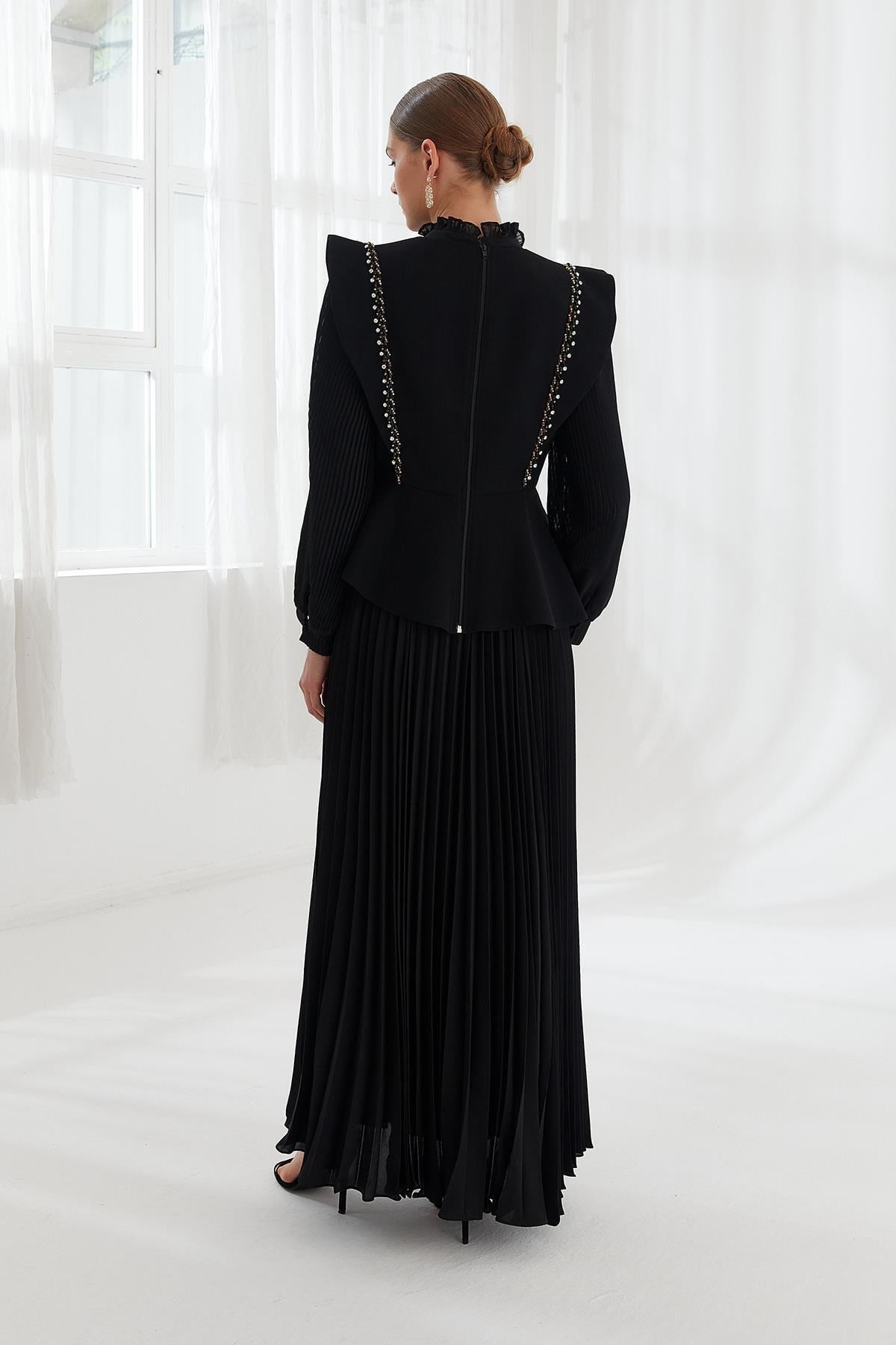 Şifon Krep Bluzlu Elbise Siyah