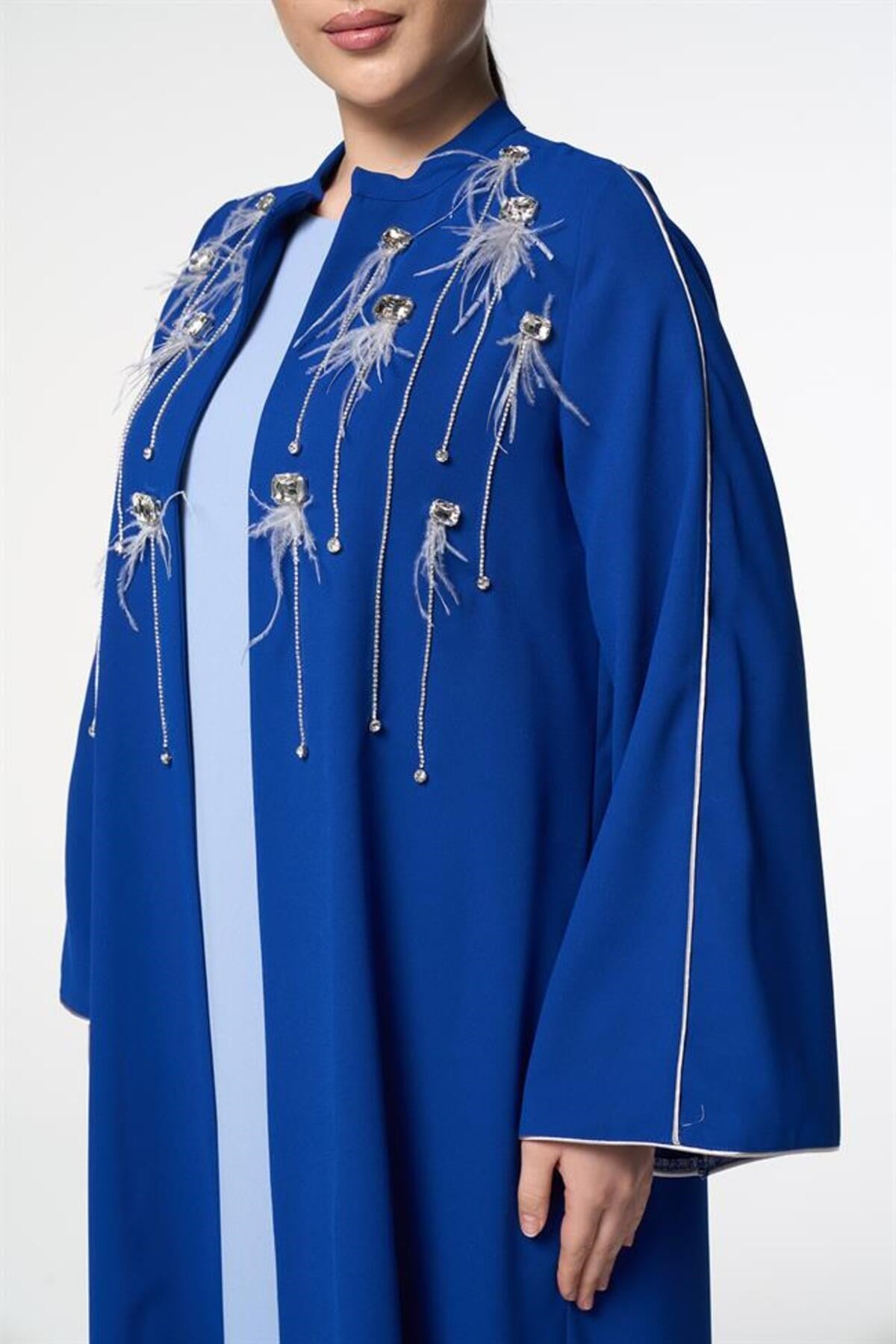 Taş İşlemeli Abaya Elbise İkili Takım Saks