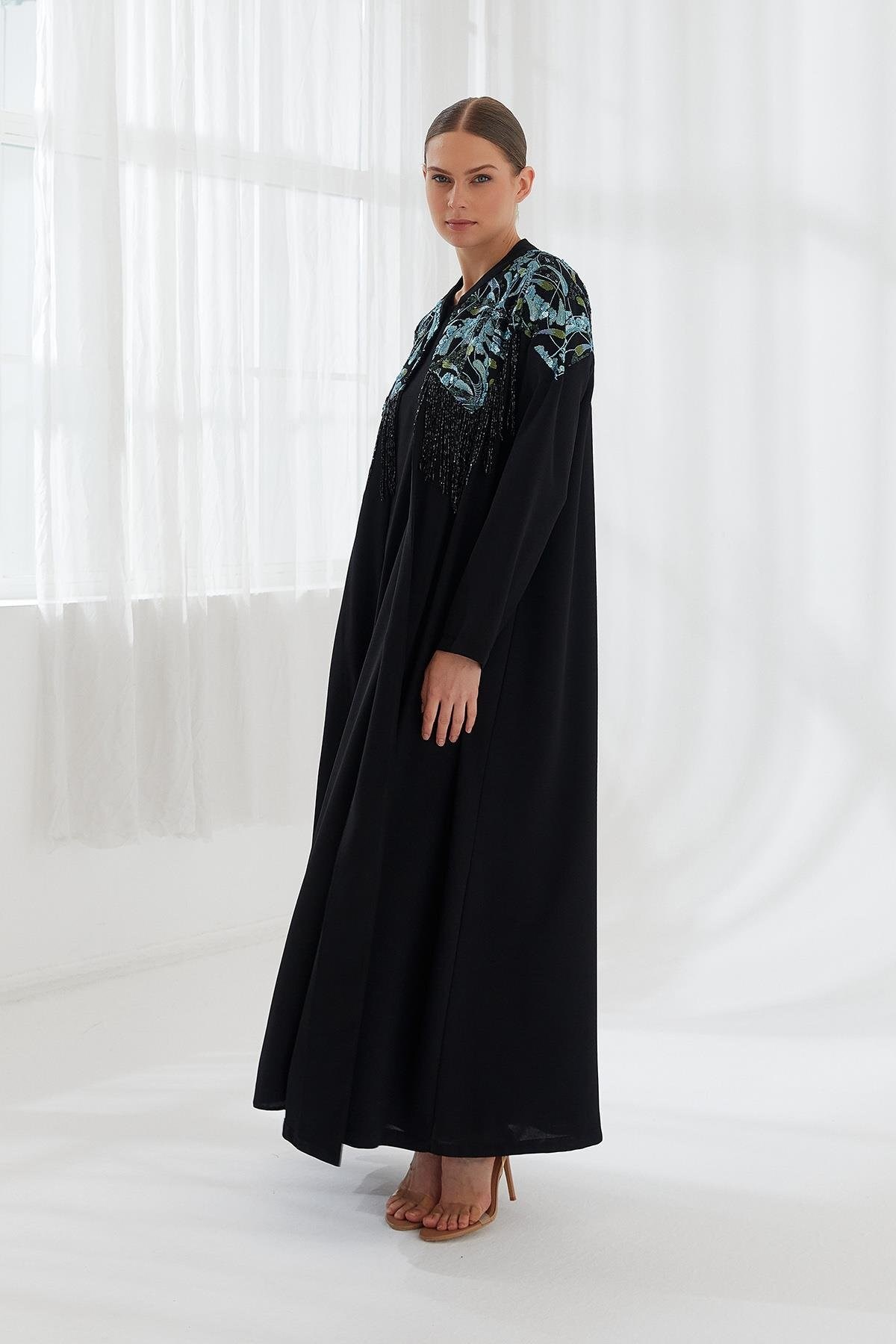 Taş İşlemeli Abaya Elbise İkili Takım Siyah