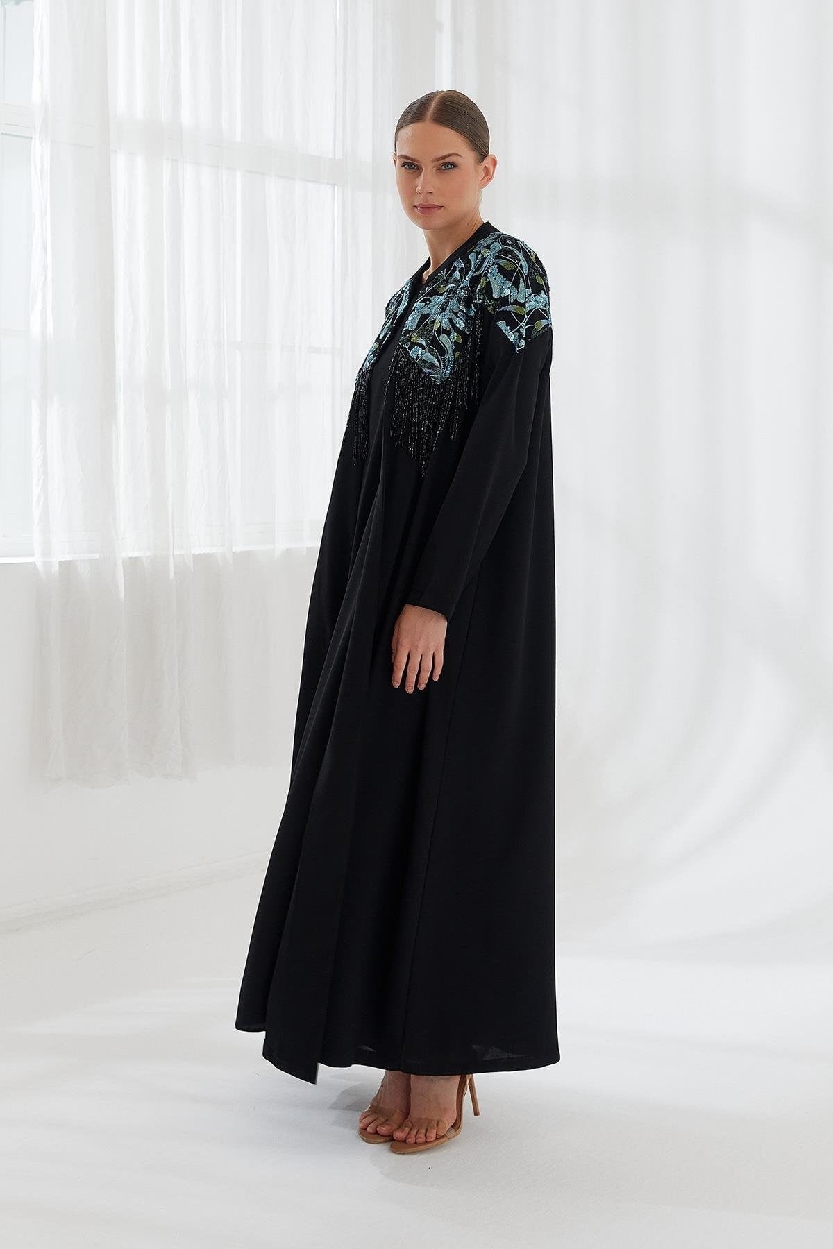 Taş İşlemeli Abaya Elbise İkili Takım Siyah
