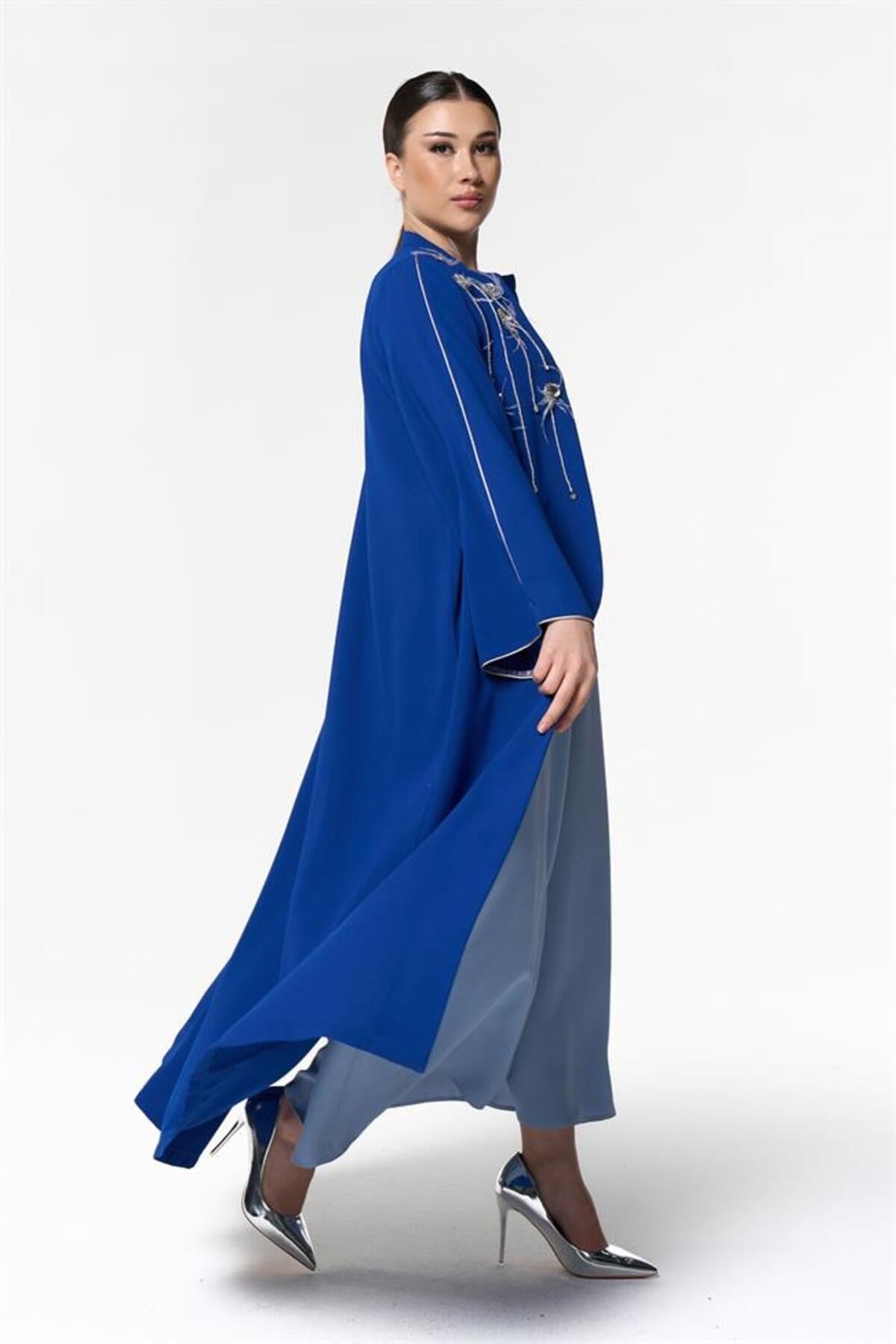 Taş İşlemeli Abaya Elbise İkili Takım Saks