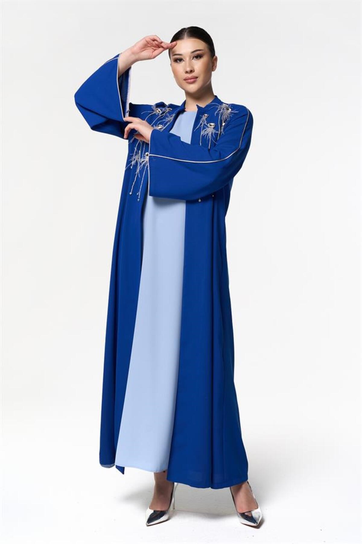 Taş İşlemeli Abaya Elbise İkili Takım Saks