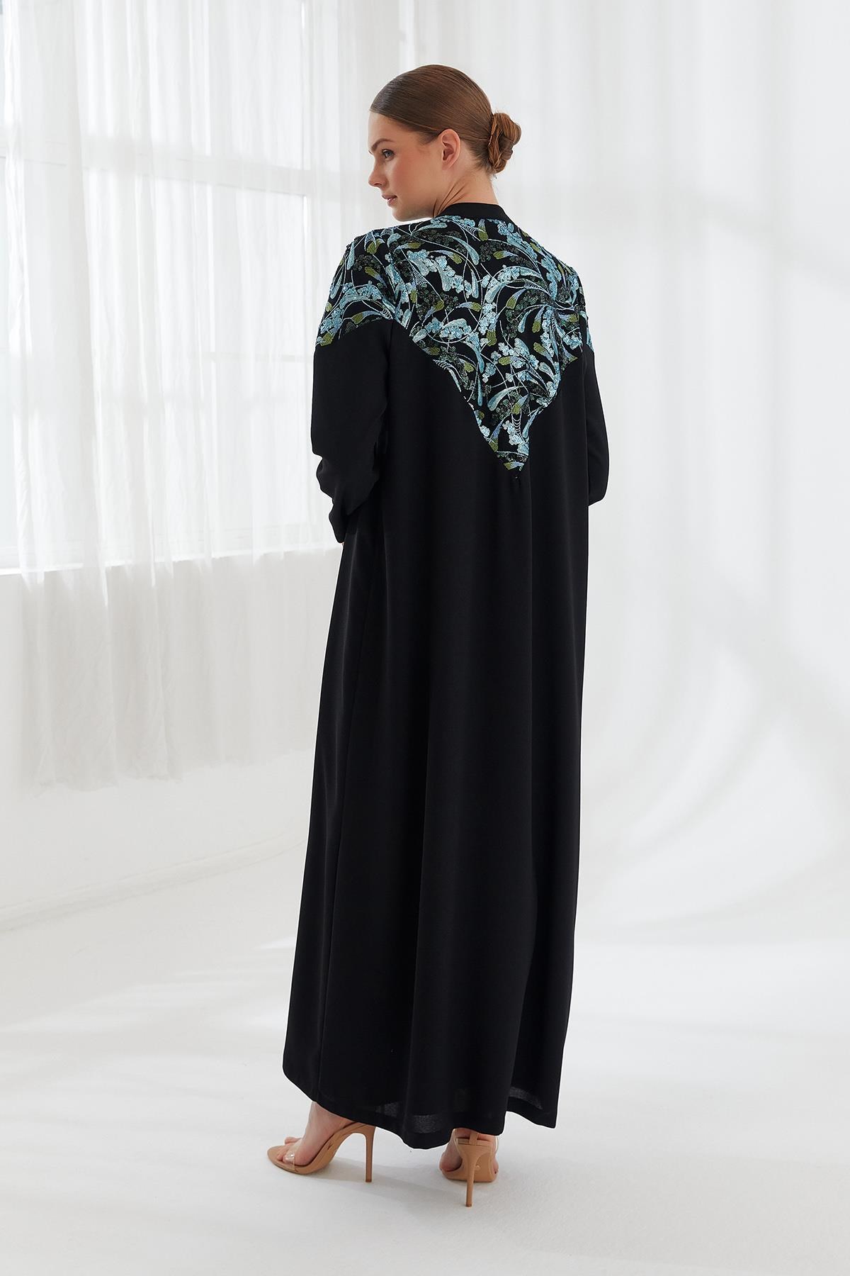 Taş İşlemeli Abaya Elbise İkili Takım Siyah
