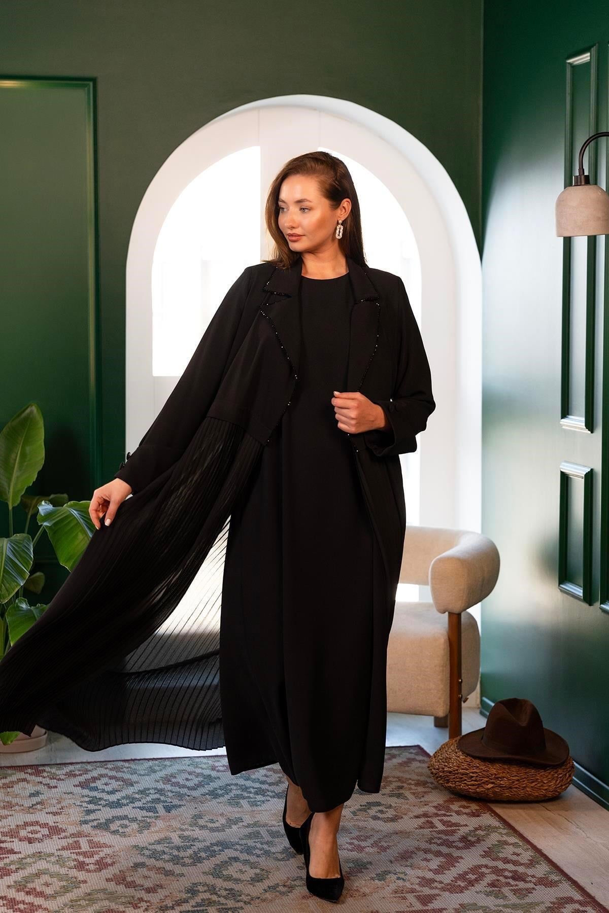 Taş İşlemeli Abaya Siyah