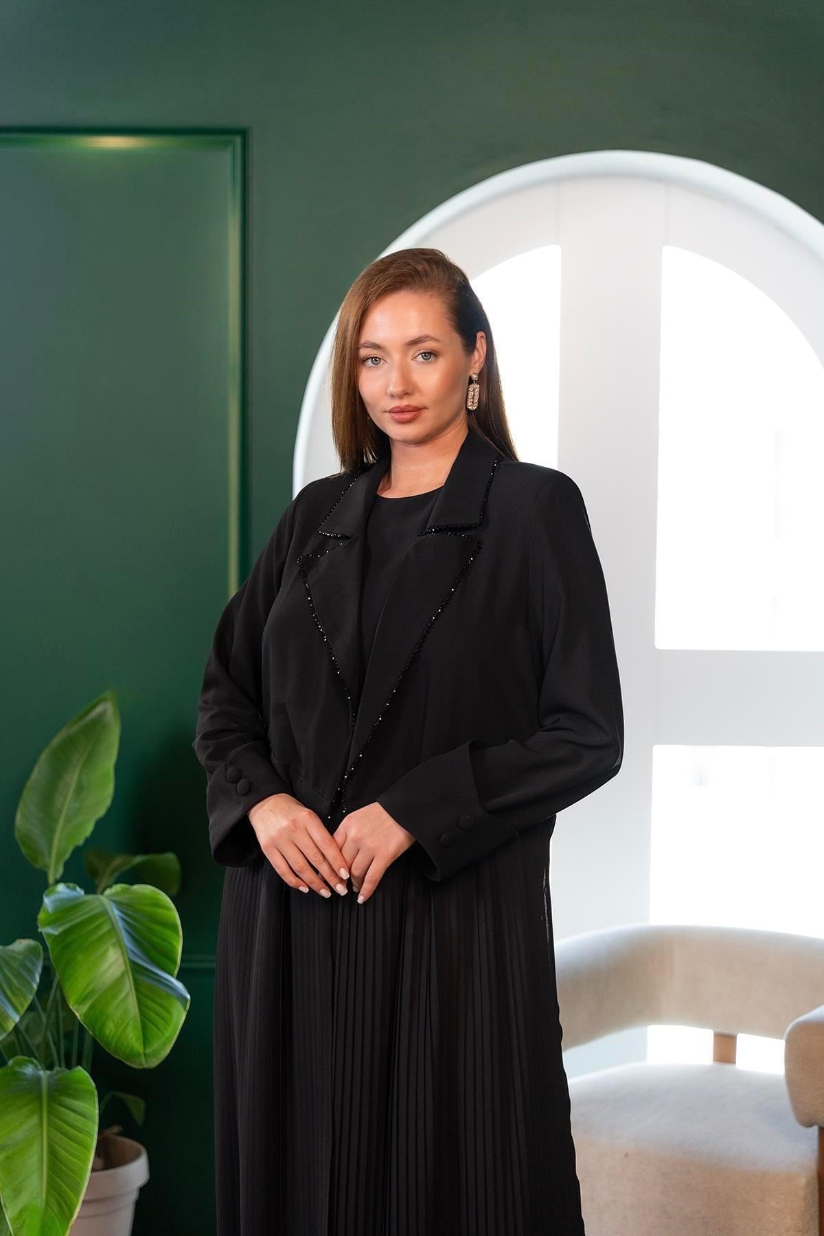Taş İşlemeli Abaya Siyah