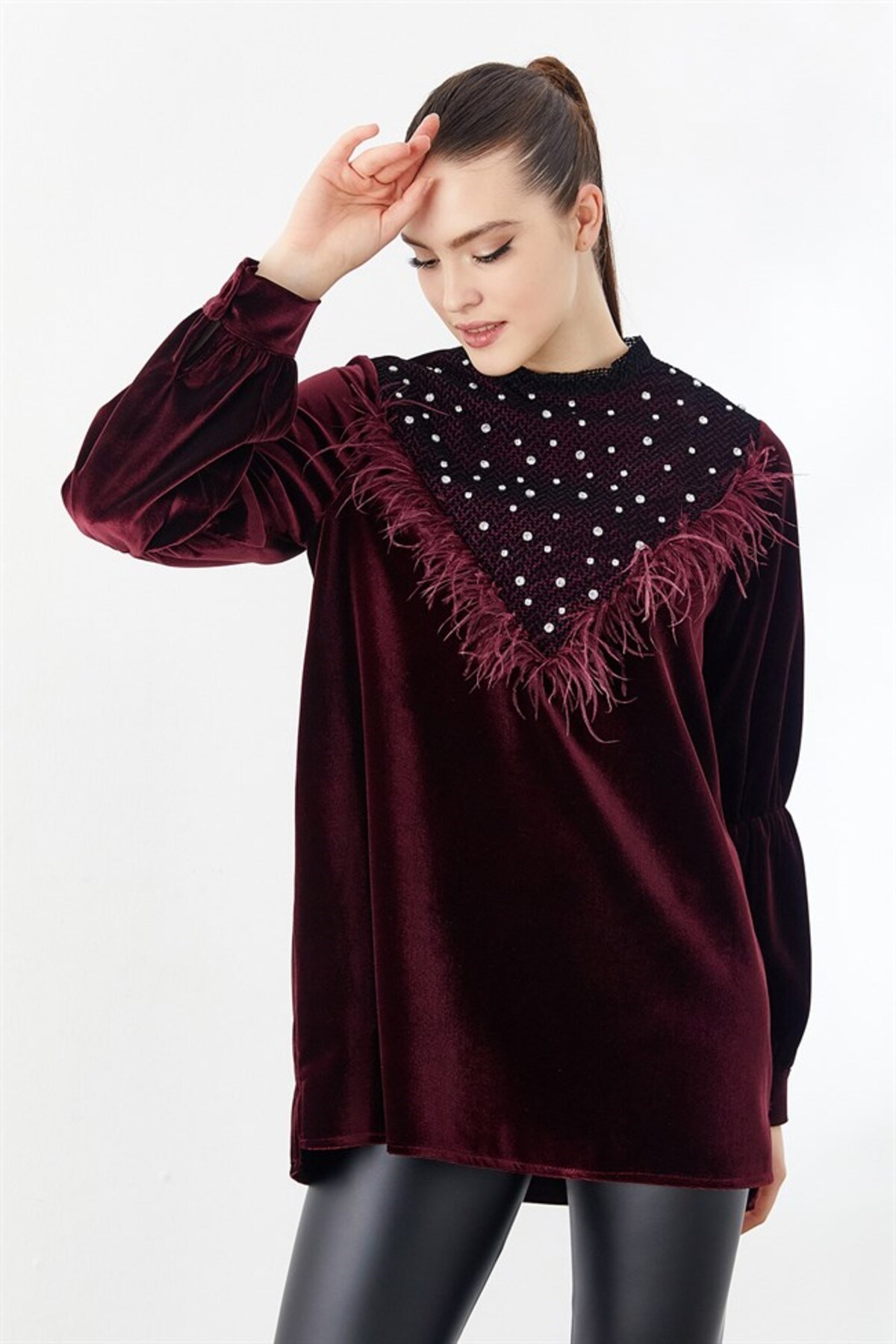 Taş İşlemeli Bluz Bordo