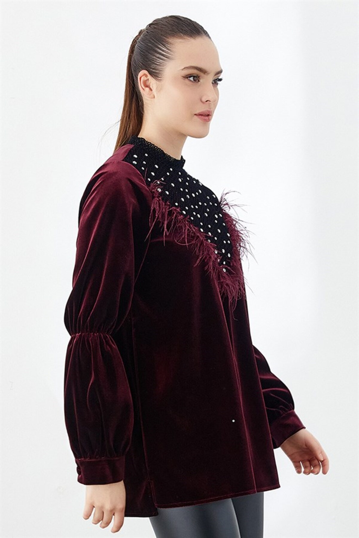 Taş İşlemeli Bluz Bordo