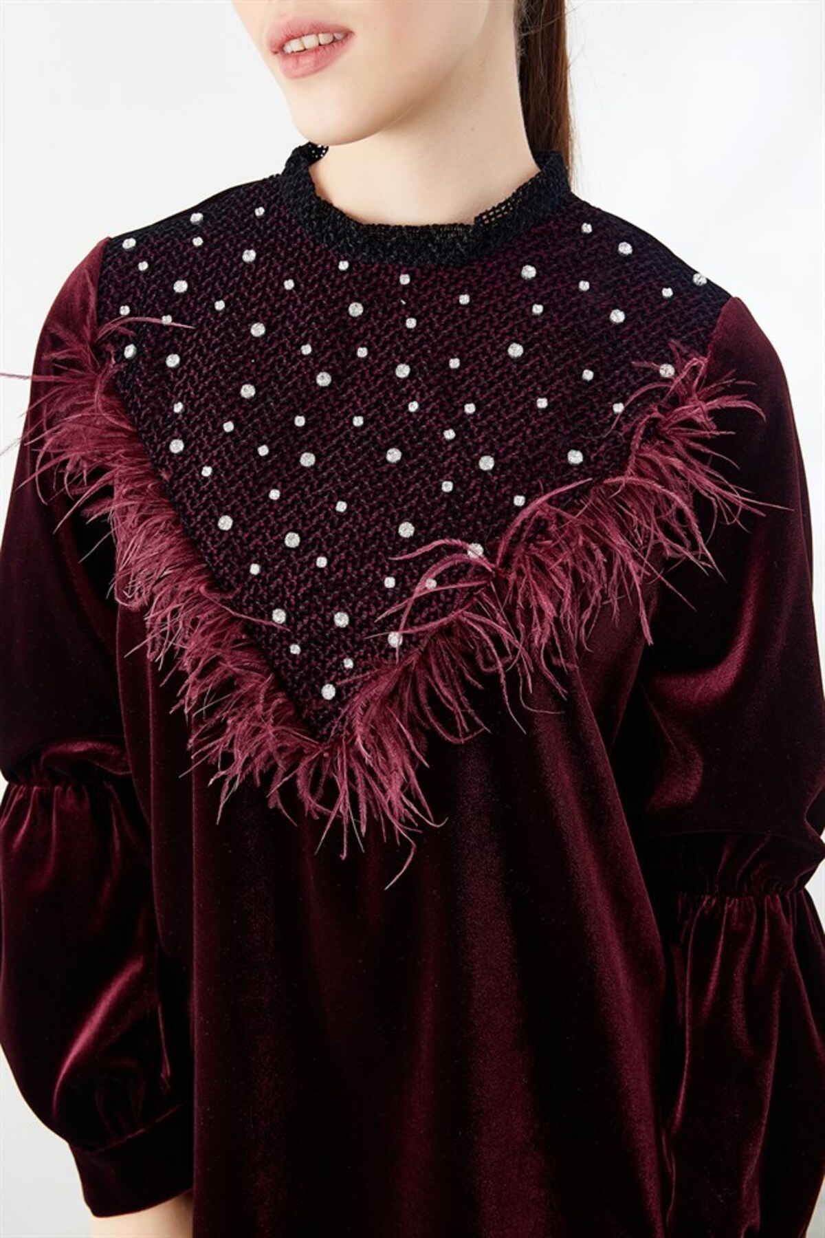 Taş İşlemeli Bluz Bordo