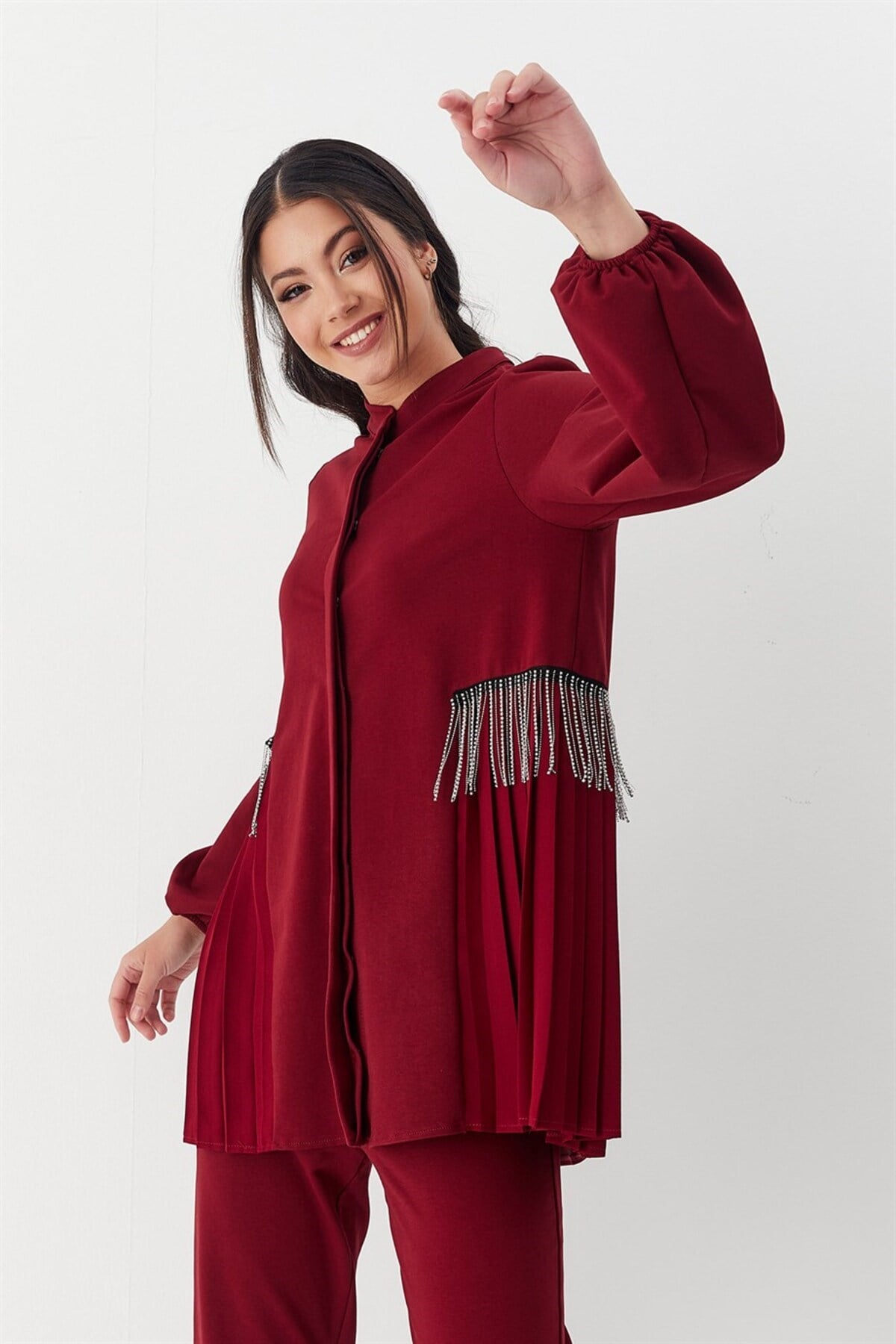 Taş İşlemeli Ceket Pantolon İkili Takım Bordo