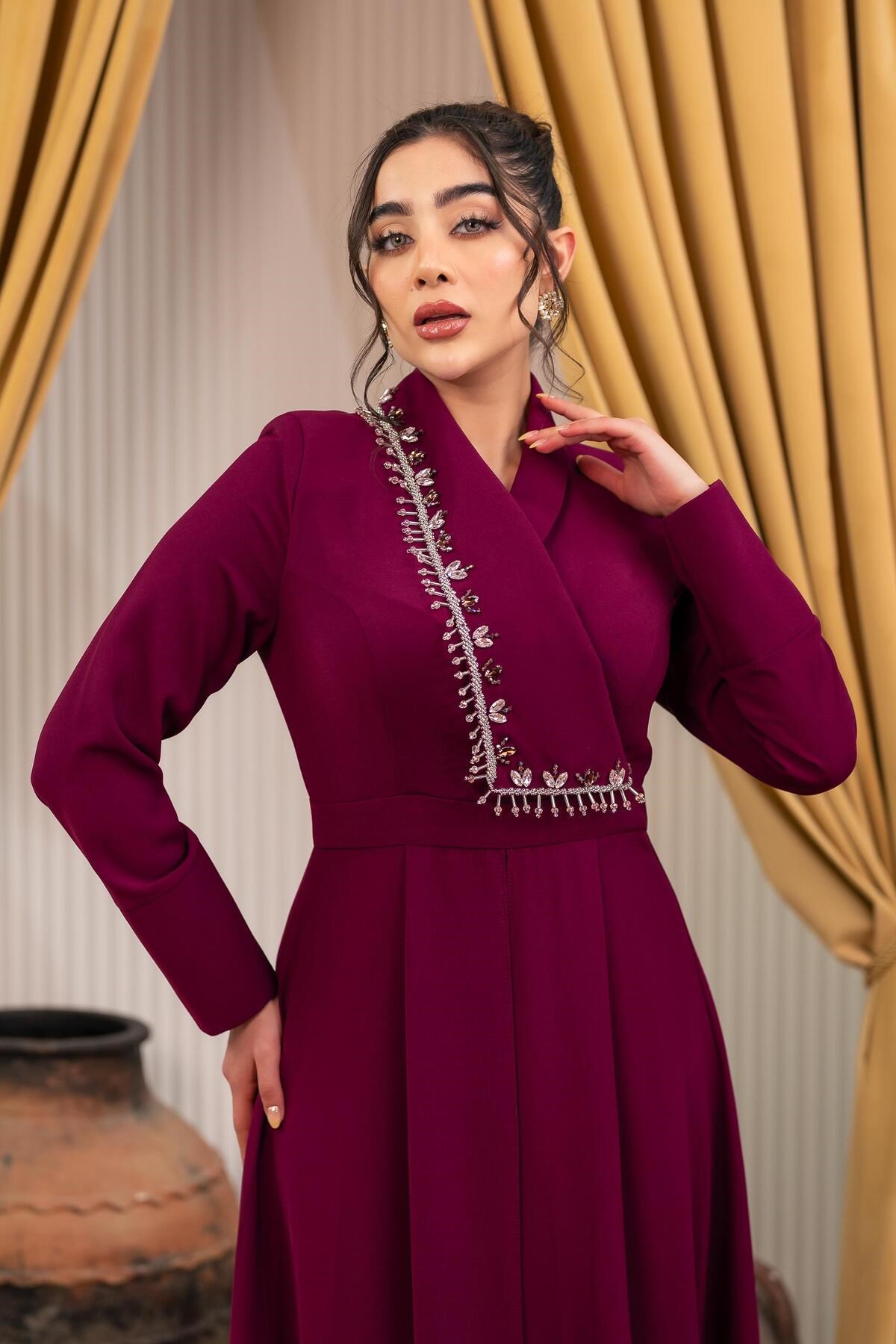 Yakası El İşlemeli Elbise Pantolon Mürdüm