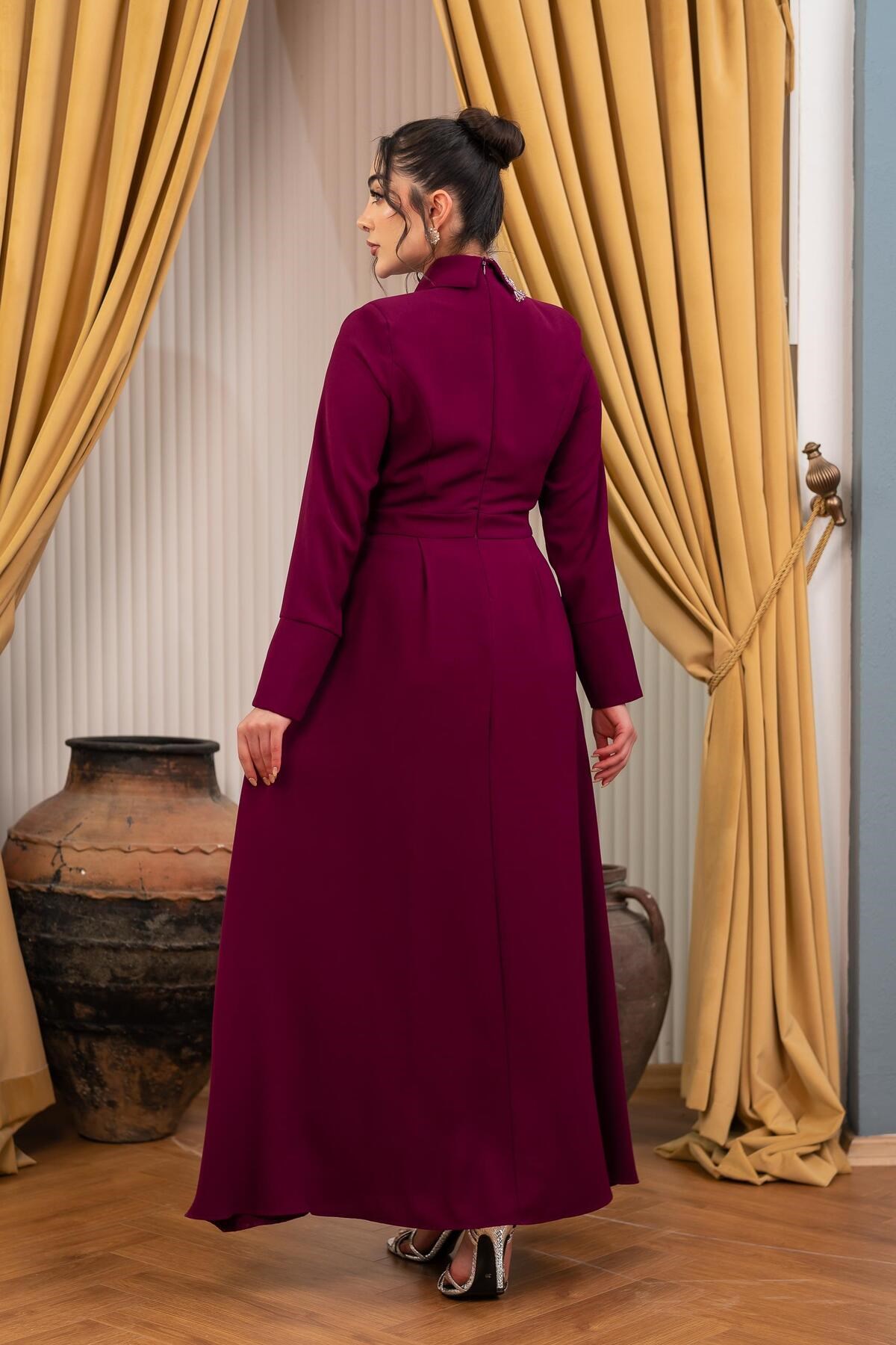 Yakası El İşlemeli Elbise Pantolon Mürdüm