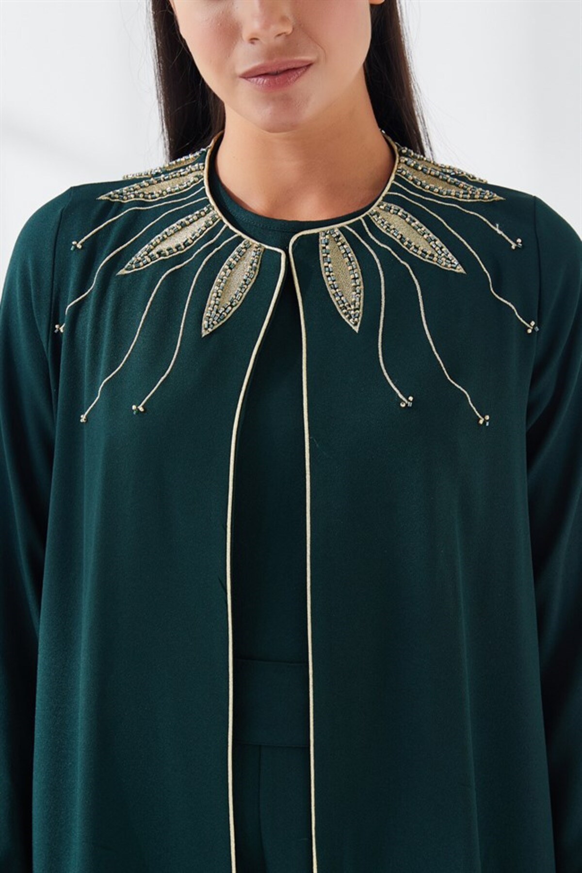 Yakası Nakış İşlemeli İkili Abaya Takım Yeşil