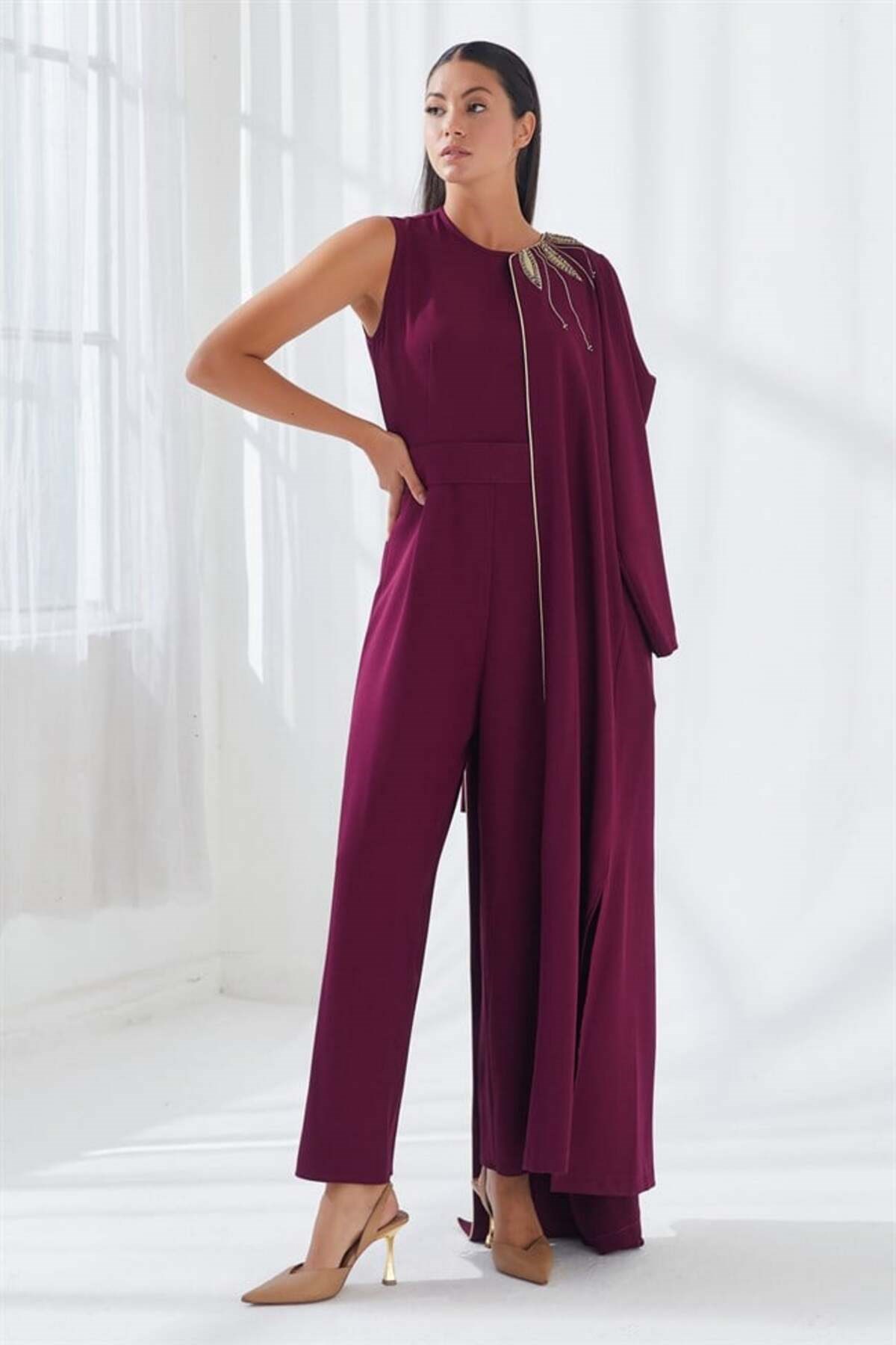 Yakası Nakış İşlemeli İkili Abaya Takım Bordo