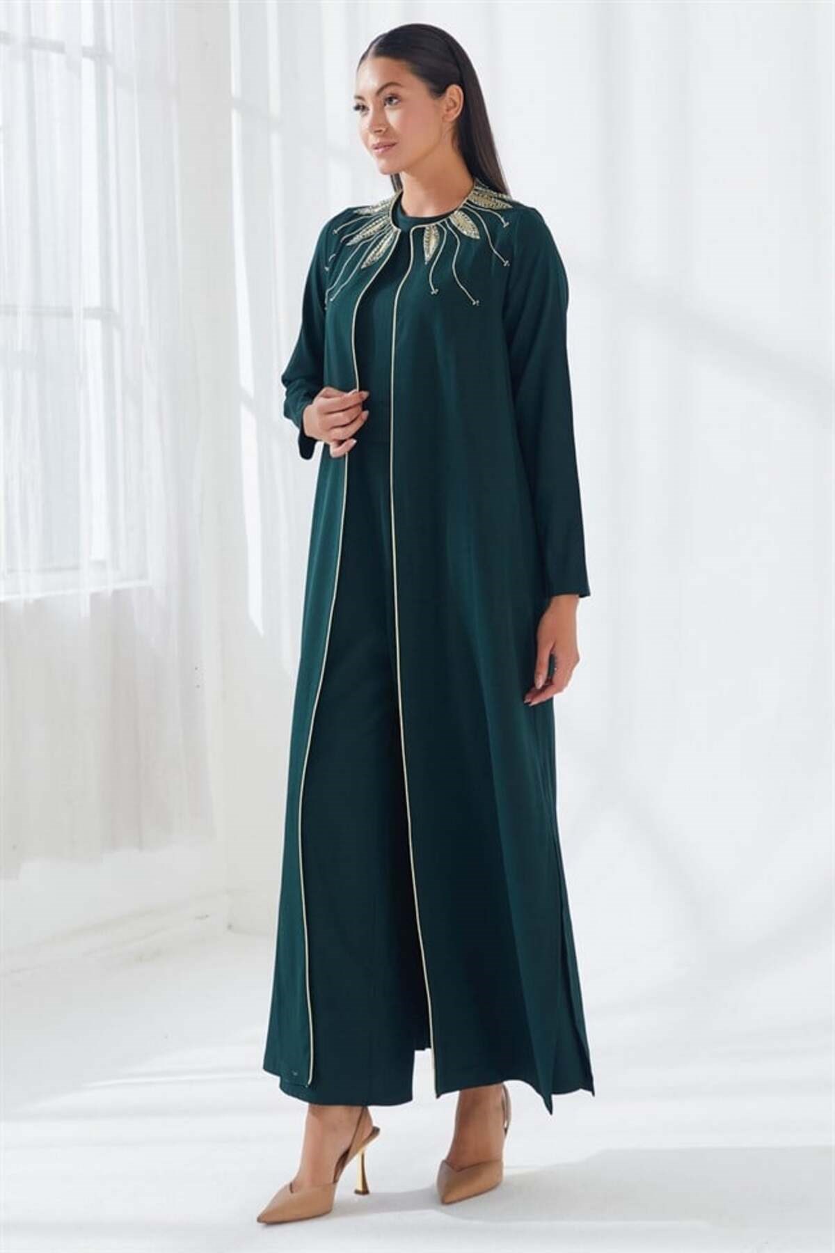 Yakası Nakış İşlemeli İkili Abaya Takım Yeşil