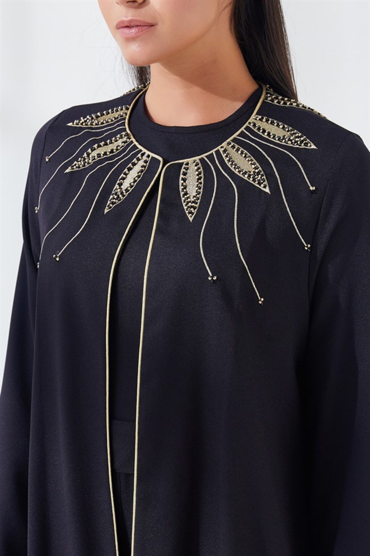 Yakası Nakış İşlemeli İkili Abaya Takım Siyah