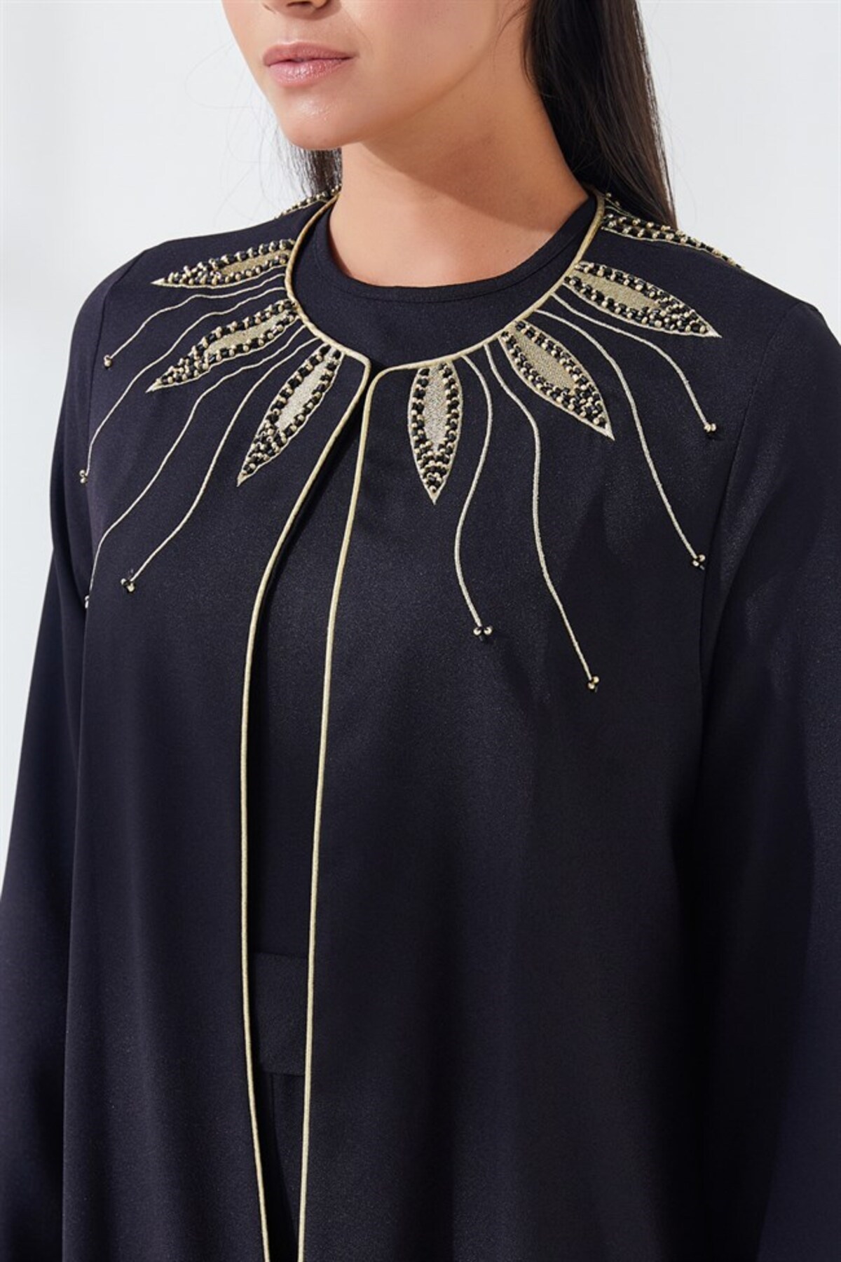 Yakası Nakış İşlemeli İkili Abaya Takım Siyah