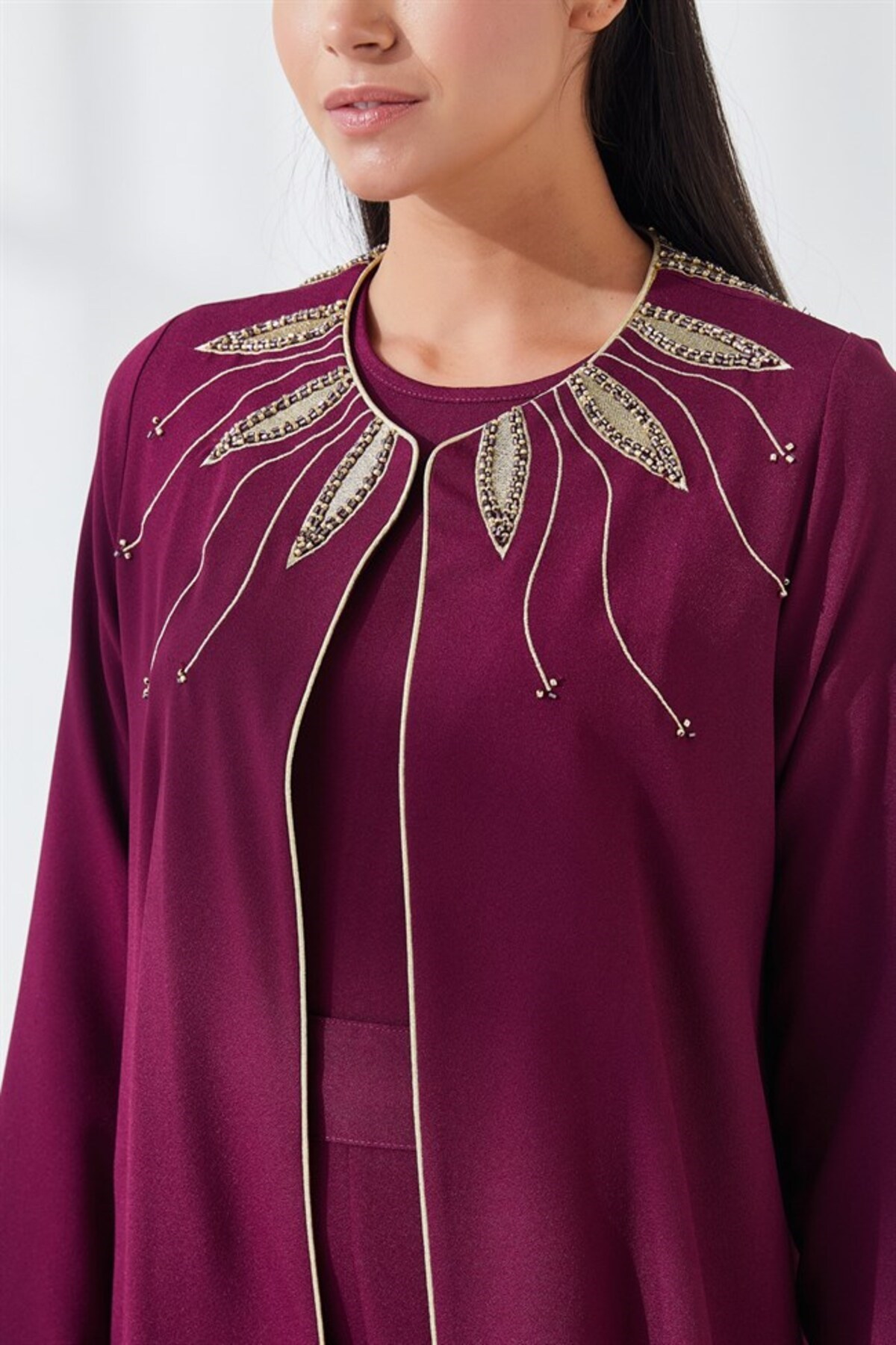 Yakası Nakış İşlemeli İkili Abaya Takım Bordo