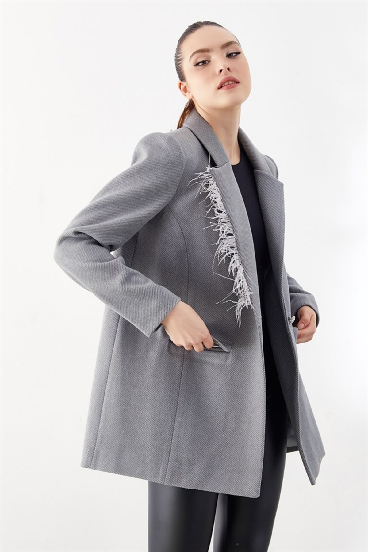 Yakası Tüylü Blazer Ceket Gri