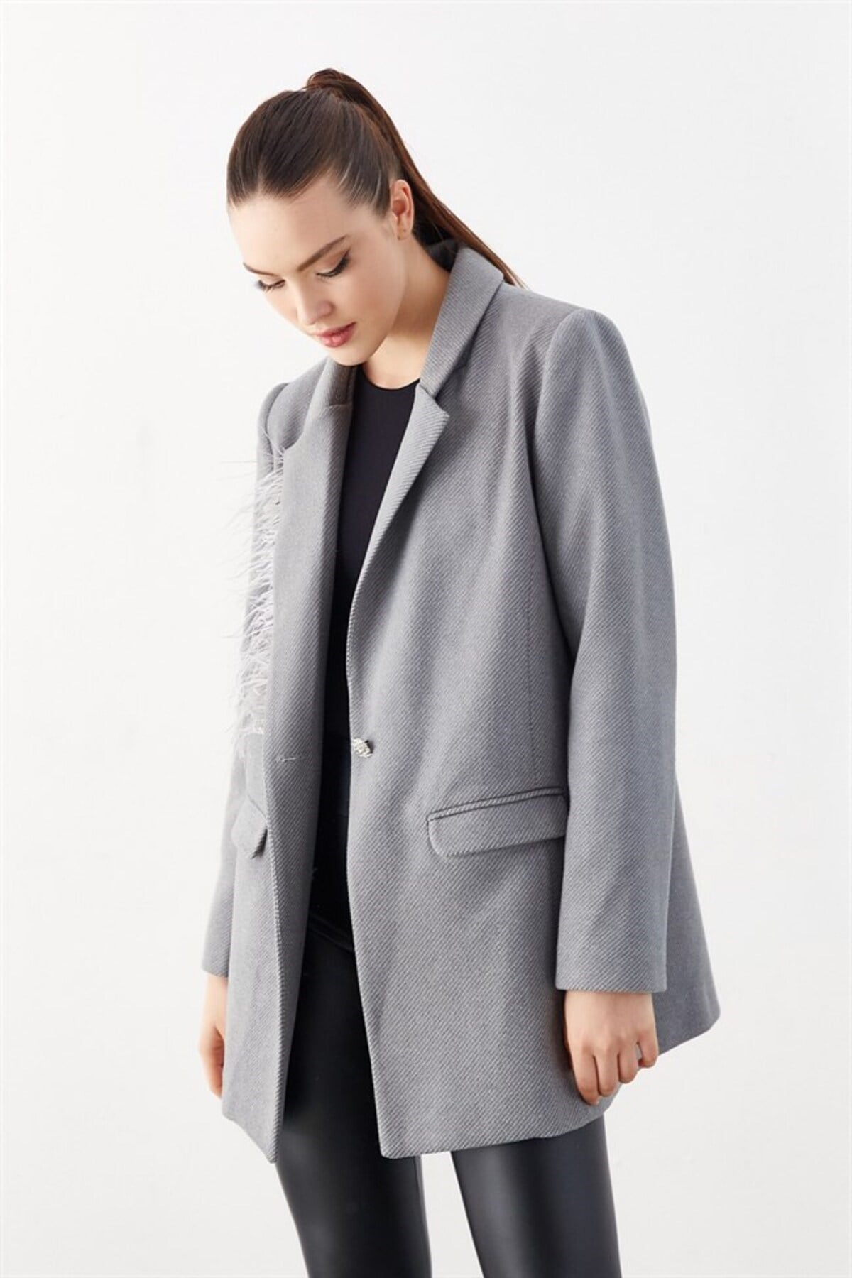 Yakası Tüylü Blazer Ceket Gri