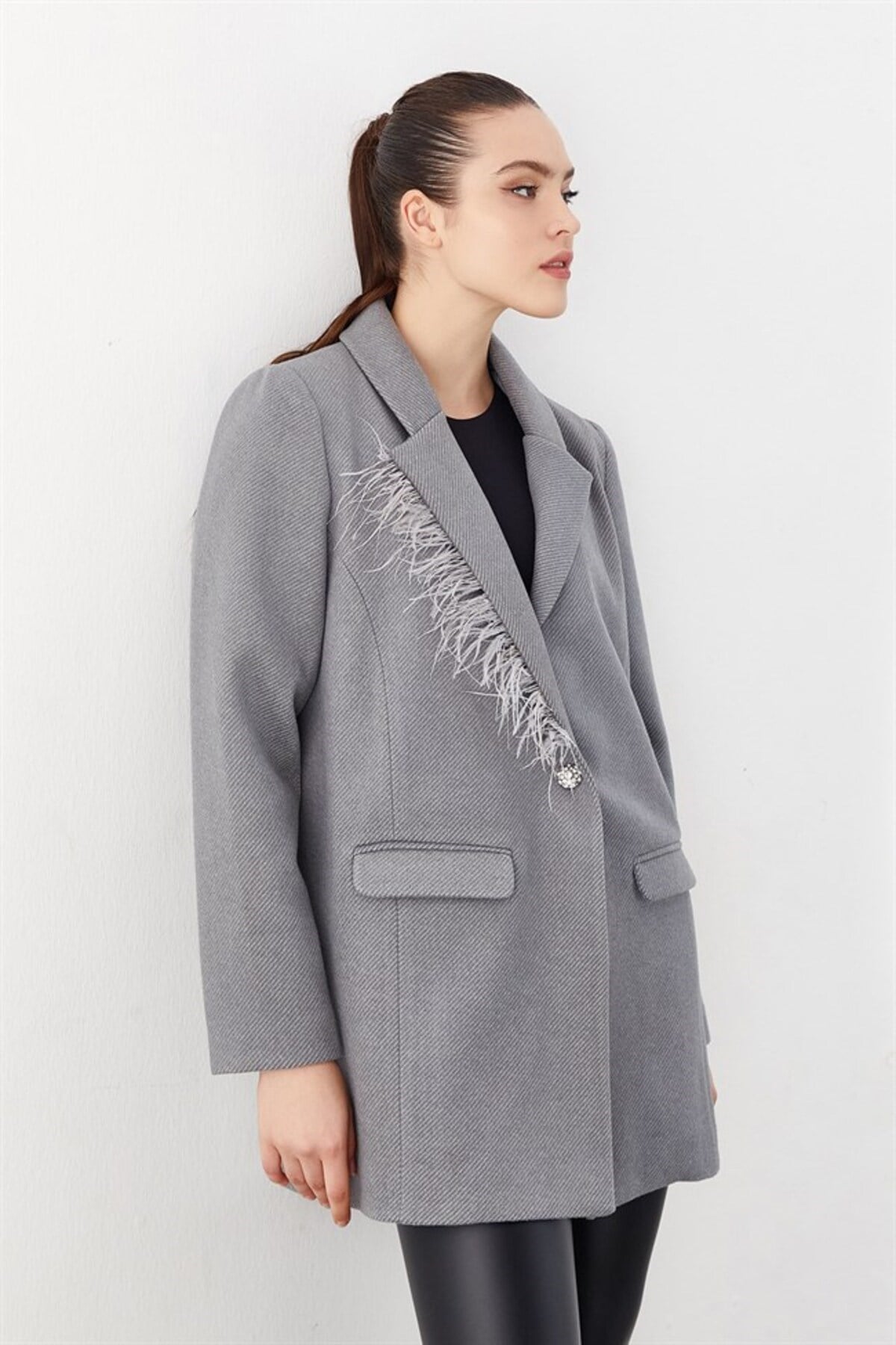 Yakası Tüylü Blazer Ceket Gri