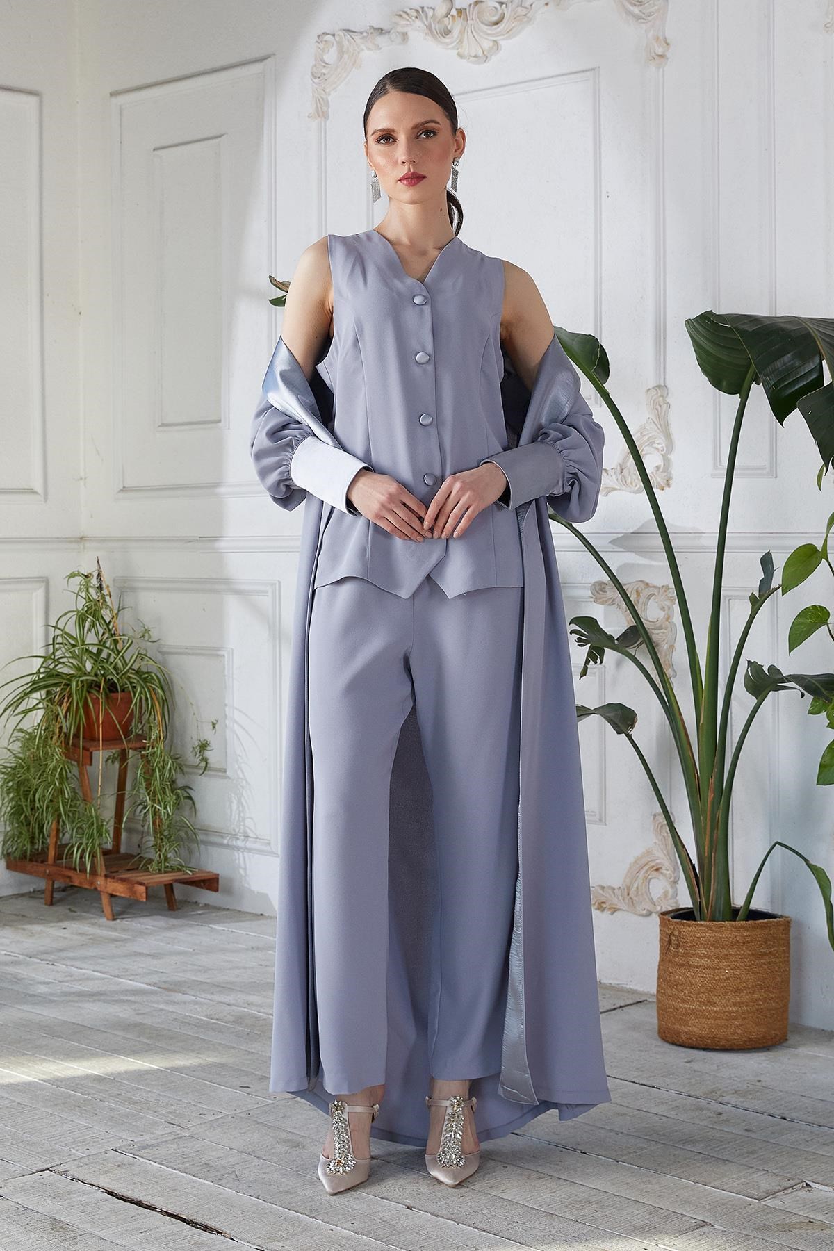Yelek Pant Abaya Üçlü Takım Gri