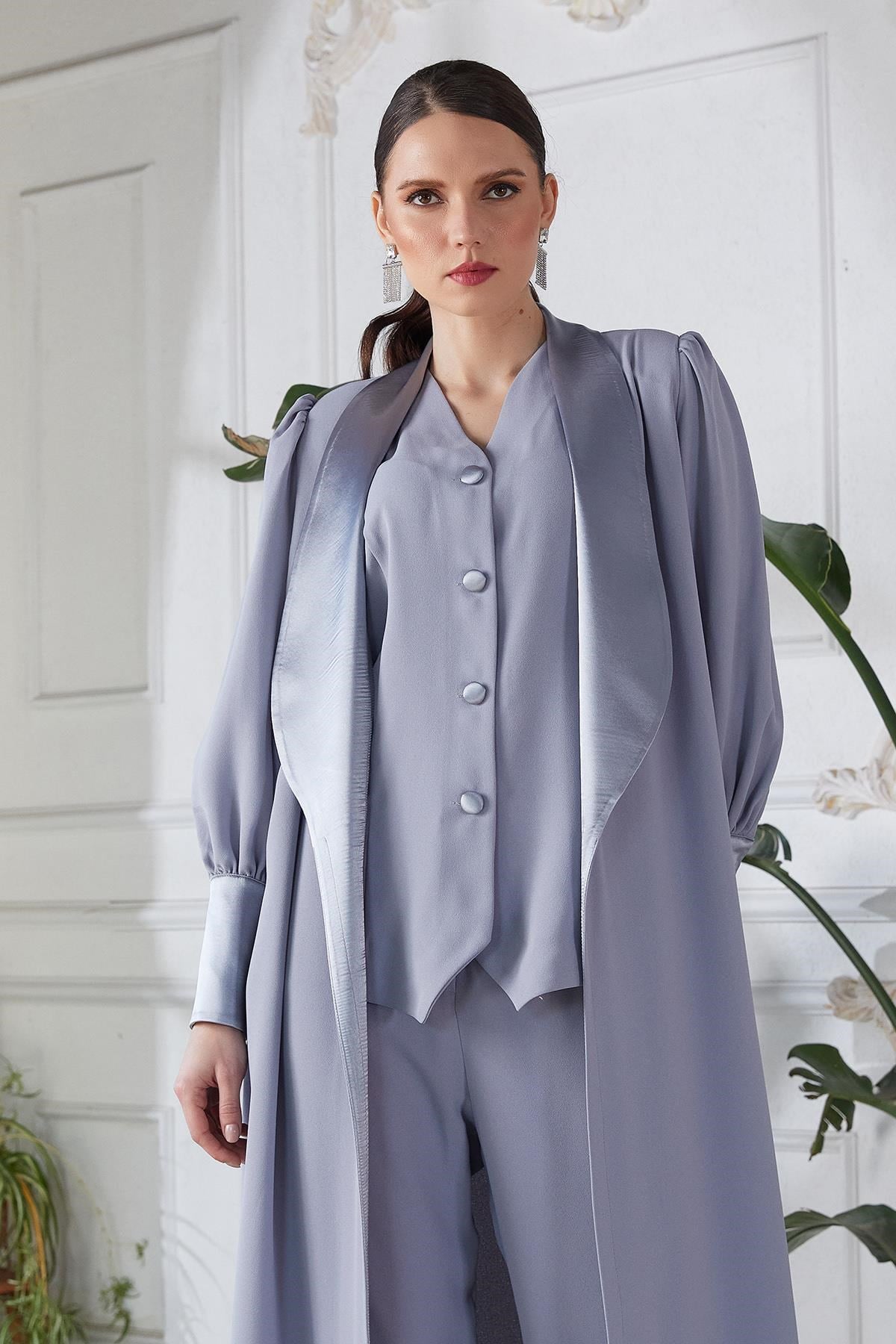 Yelek Pant Abaya Üçlü Takım Gri