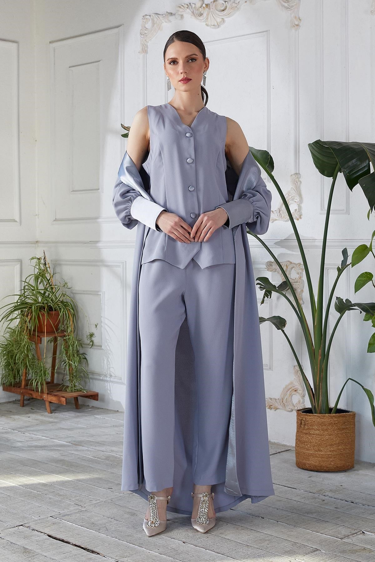 Yelek Pant Abaya Üçlü Takım Gri