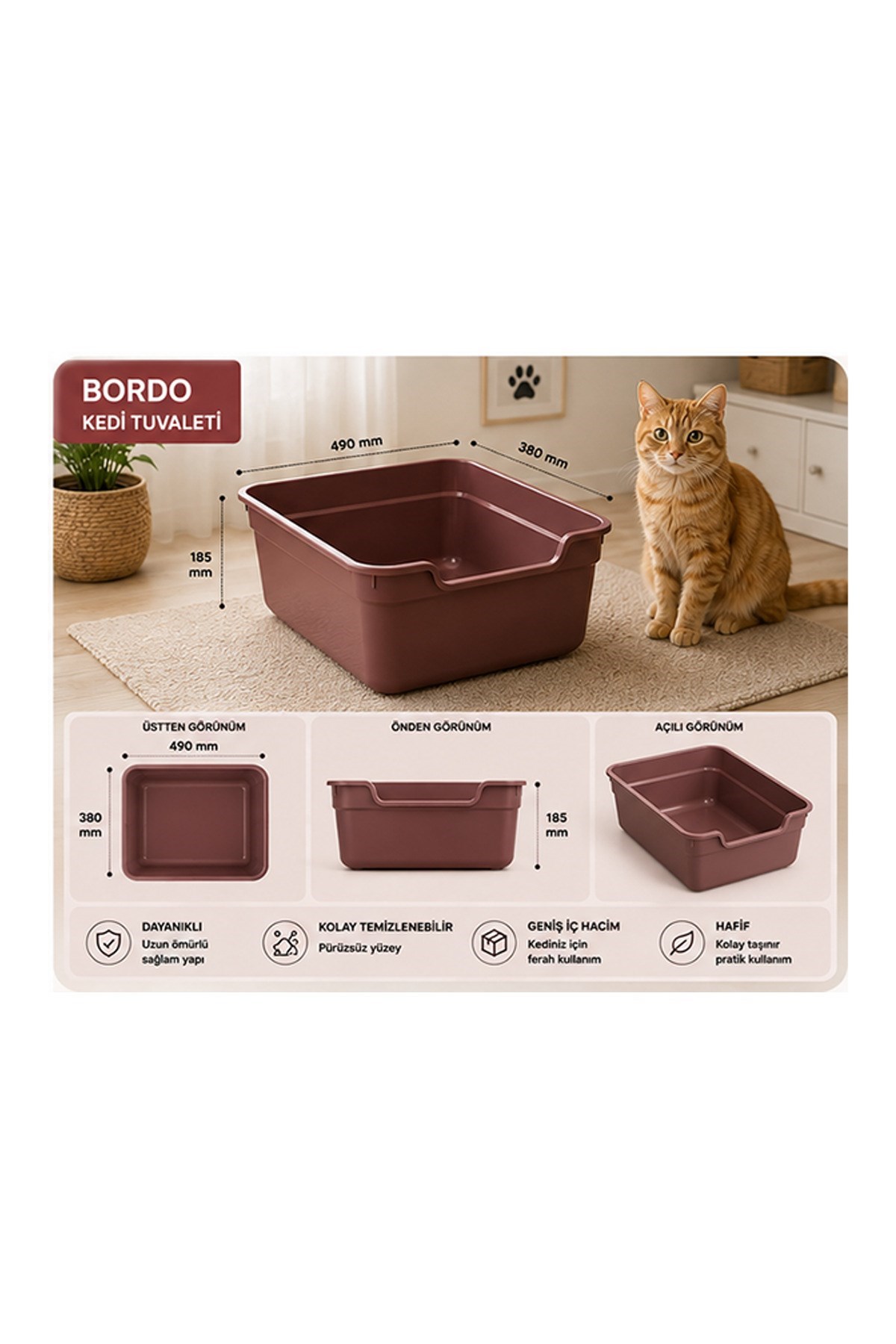 Pribor Kedi Tuvalet Açık Geniş, Pratik Ve Kolay Temizlenebilir 49 x 38 x 18,5 cm Bordo