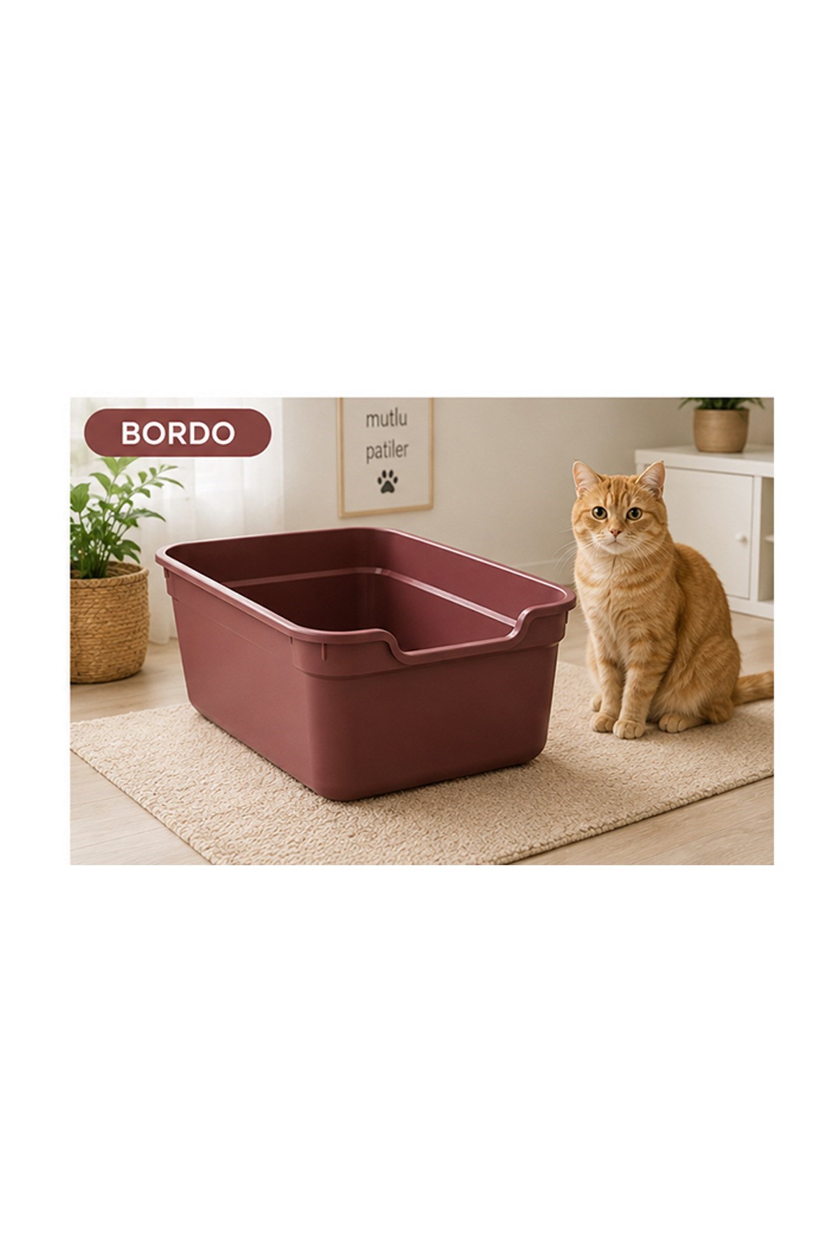 Pribor Kedi Tuvalet Açık Geniş, Pratik Ve Kolay Temizlenebilir 49 x 38 x 18,5 cm Bordo