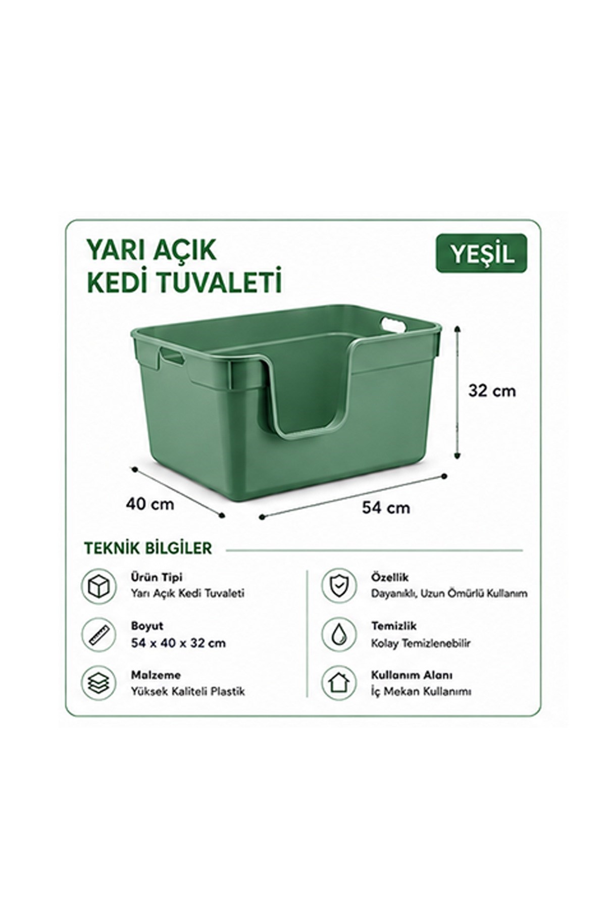 Pribor Yüksek Kenarlı Yarı Açık Kedi Tuvaleti, Geniş Ve Kolay Temizlenebilir 54 x 40 x 32 cm Yeşil
