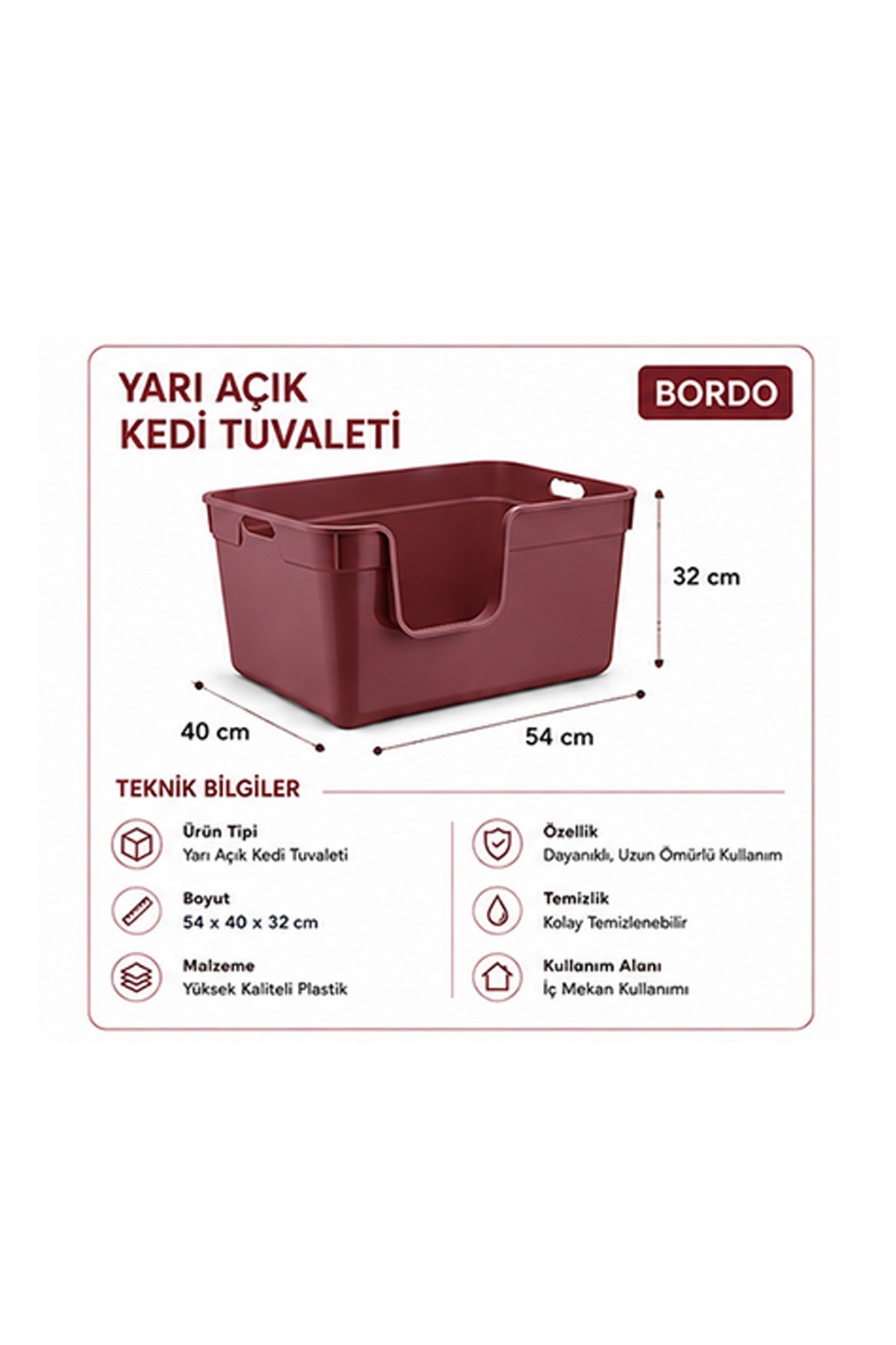 Pribor Yüksek Kenarlı Yarı Açık Kedi Tuvaleti, Geniş ve Kolay Temizlenebilir 54 x 40 x 32 cm Bordo