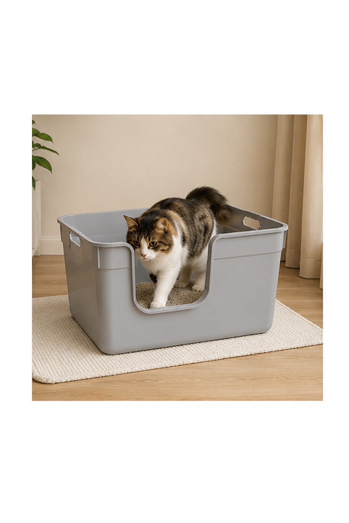 Pribor Yüksek Kenarlı Yarı Açık Kedi Tuvaleti, Geniş Ve Kolay Temizlenebilir 54 x 40 x 32 cm Gri