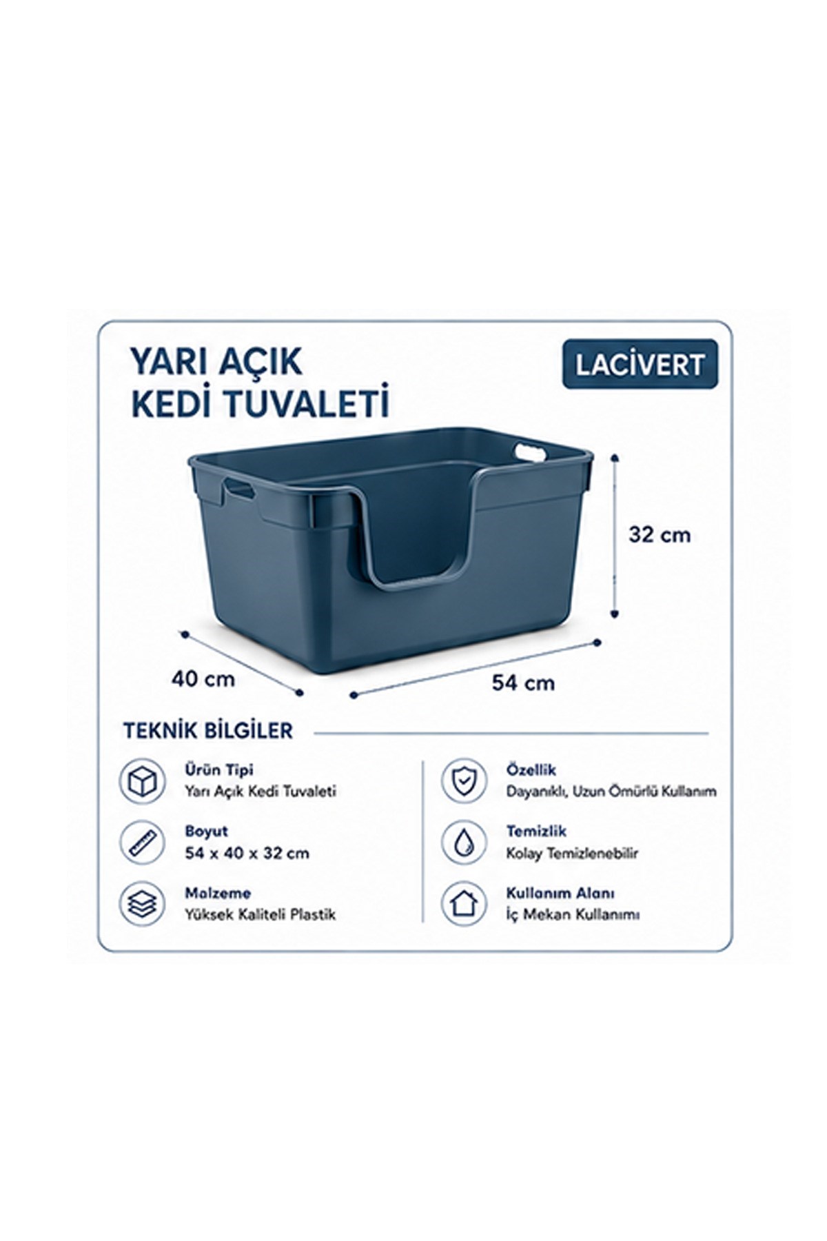 Pribor Yüksek Kenarlı Yarı Açık Kedi Tuvaleti, Geniş Ve Kolay Temizlenebilir 54 x 40 x 32 cm Mavi