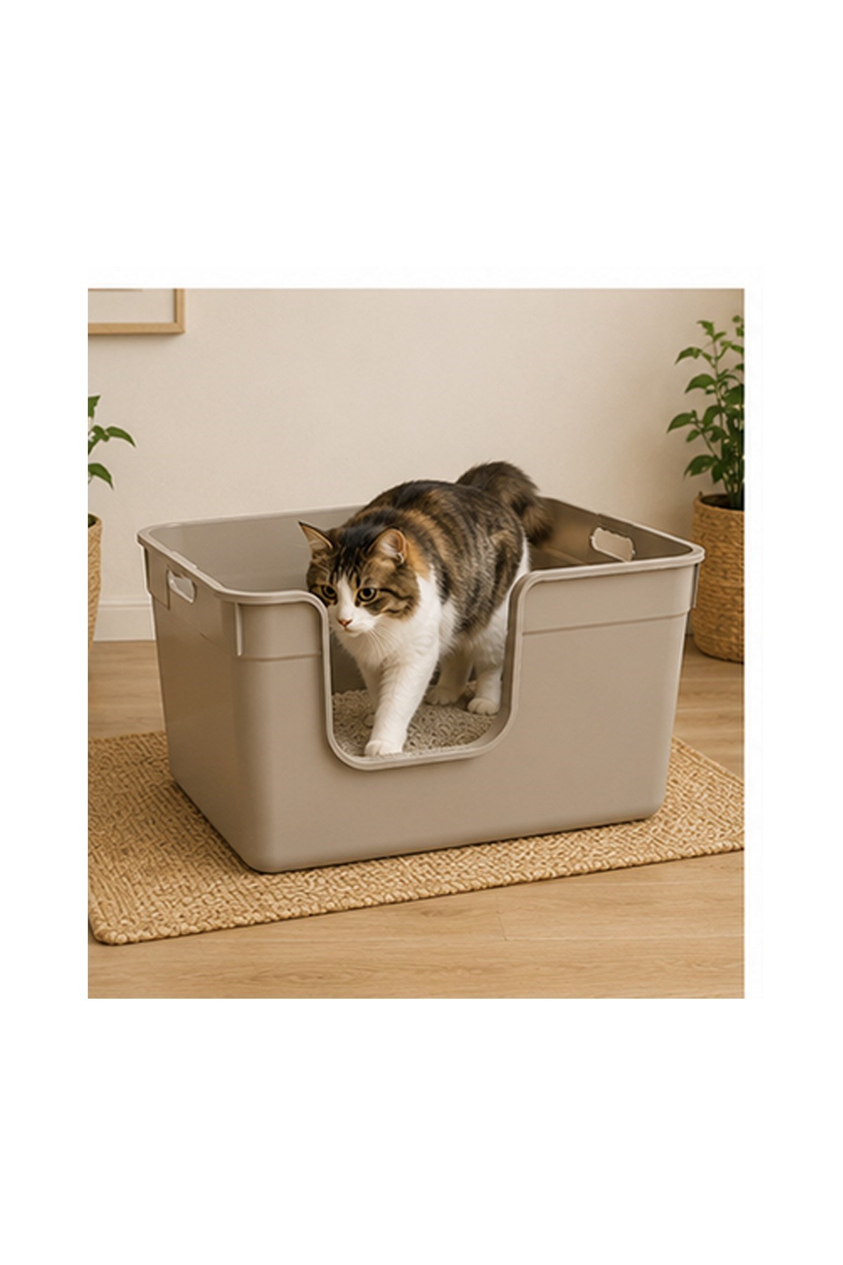 Pribor Yüksek Kenarlı Yarı Açık Kedi Tuvaleti, Geniş Ve Kolay Temizlenebilir 54 x 40 x 32 cm Bej
