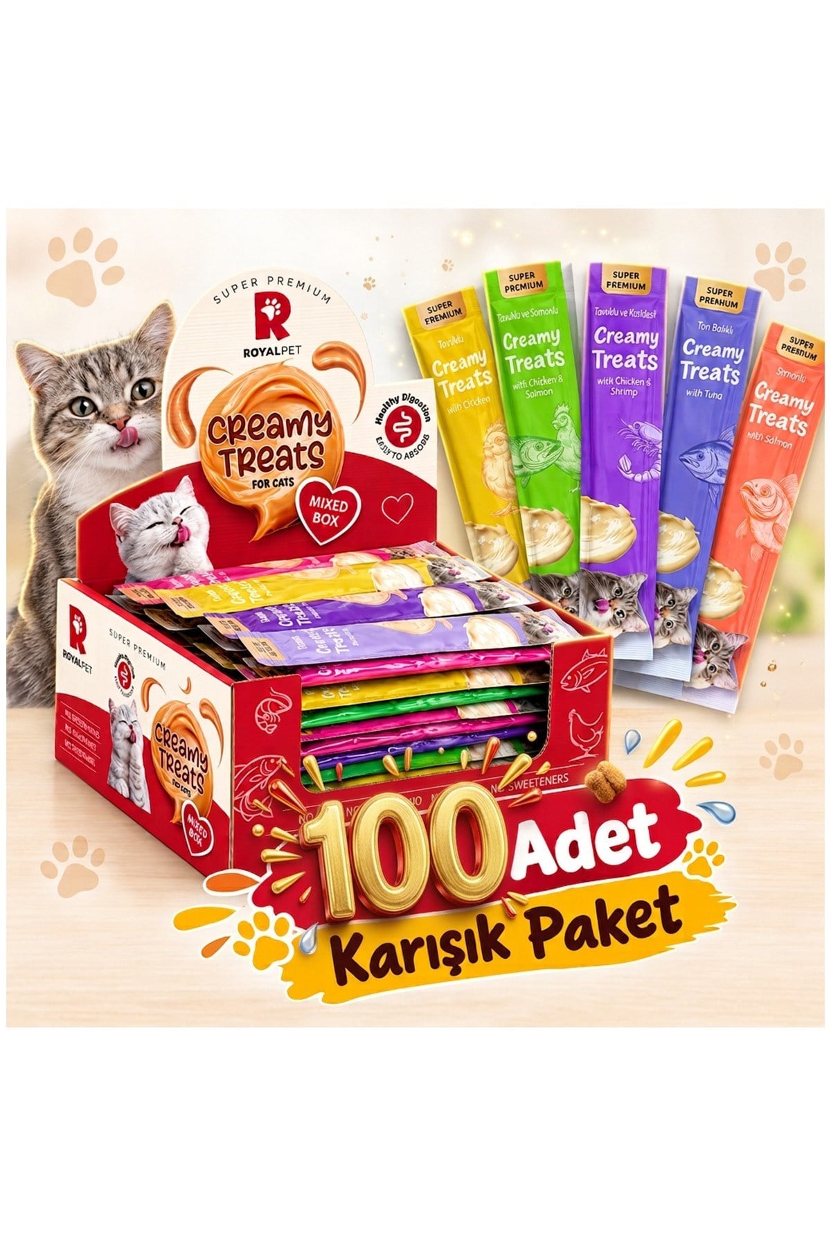 Royal Pet Krema Kedi Ödül Maması Karışık Paket 14 gr x 100 Adet