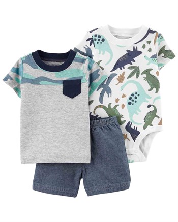 Carters Erkek Bebek 3'lü Dinozor Desenli Body,Şort ve Tişört Set