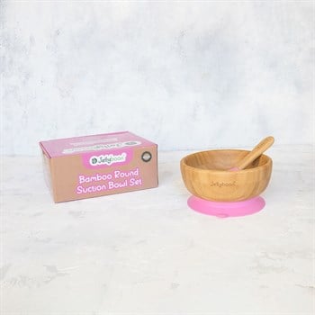 Jellyboon Bambu Yuvarlak Pembe Vakumlu Kase Kaşık Seti