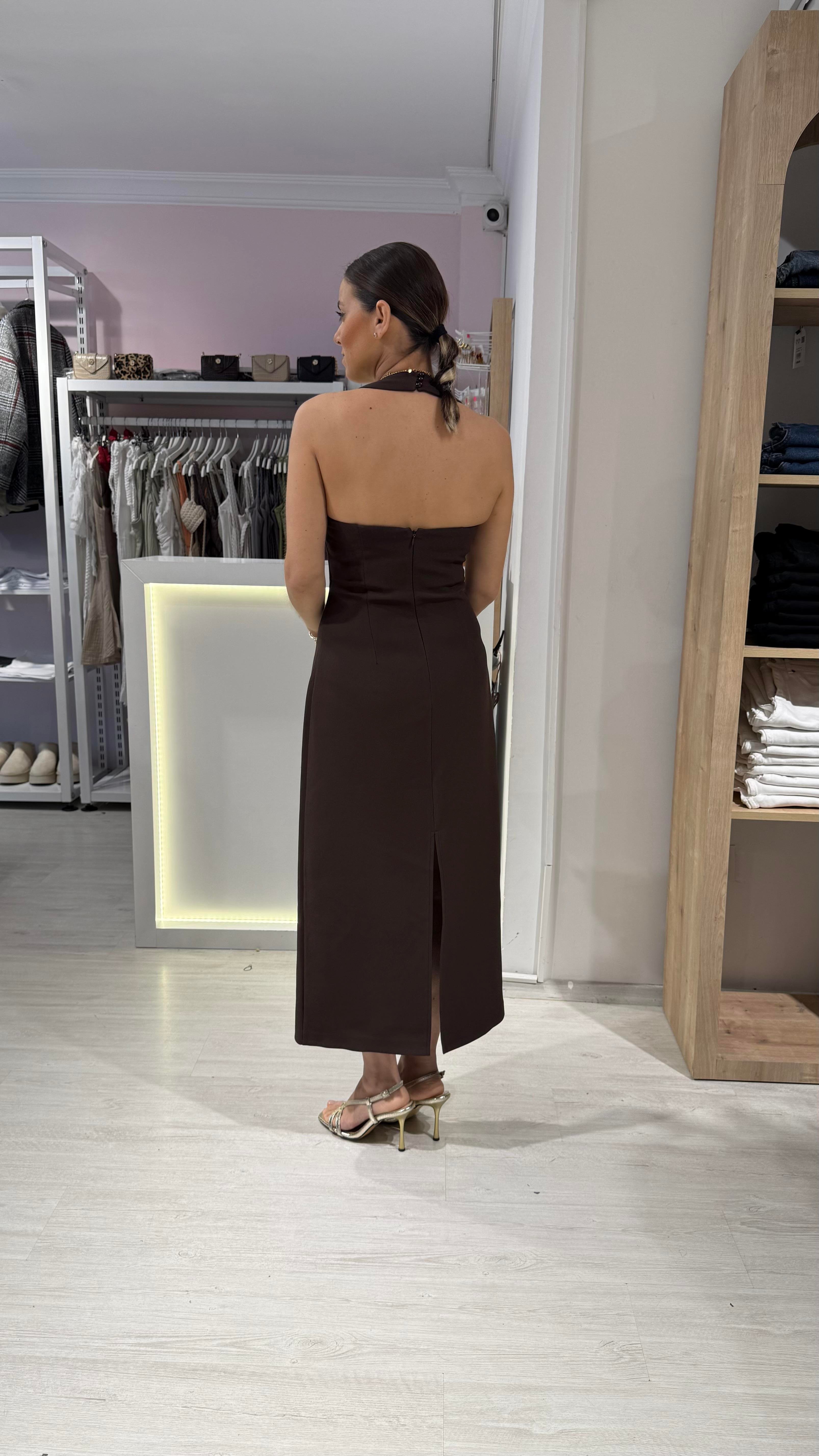 Acı Kahve Boyundan Askılı Elbise