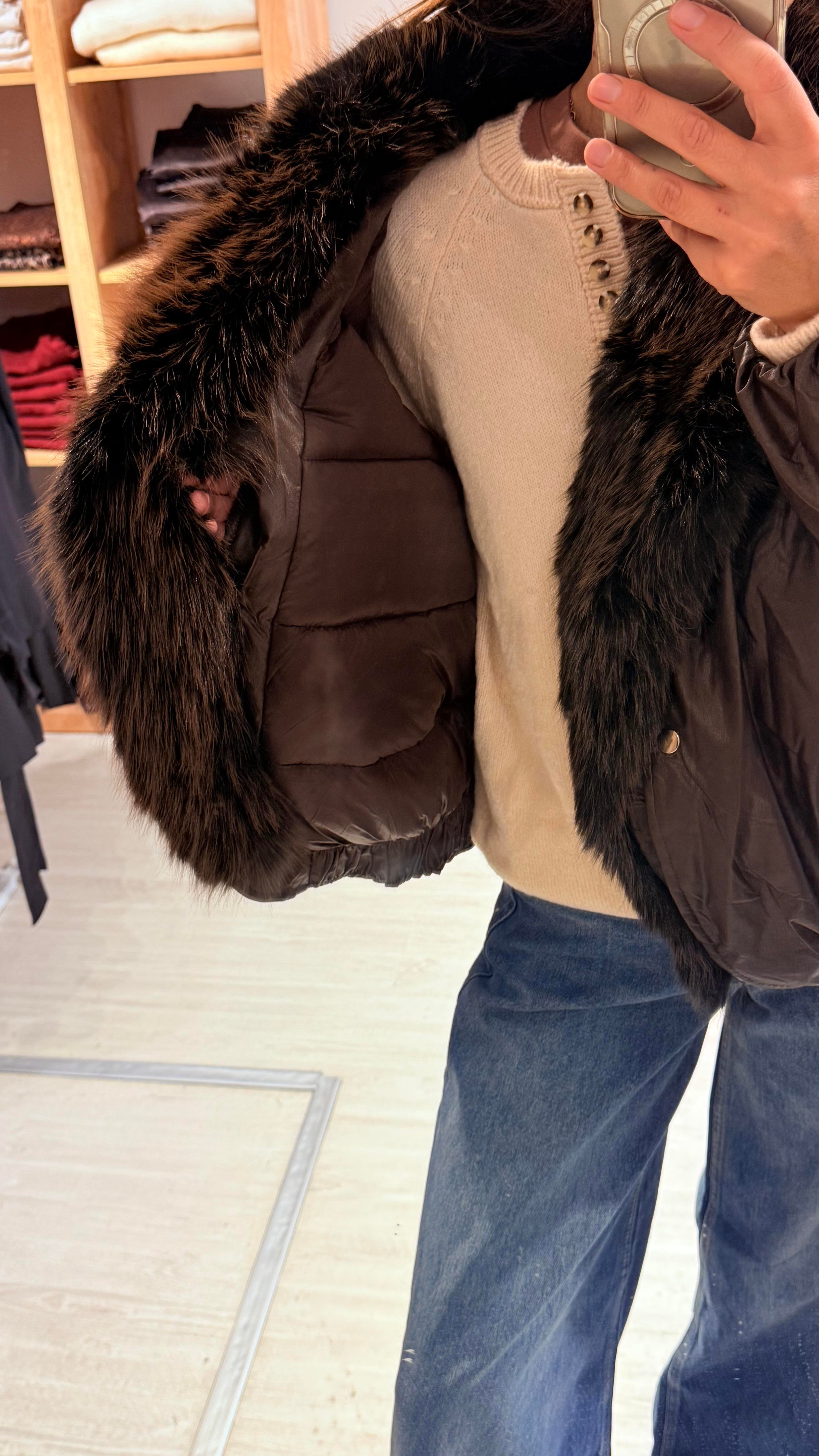 Acı Kahve Kürklü Şişme Deri Mont