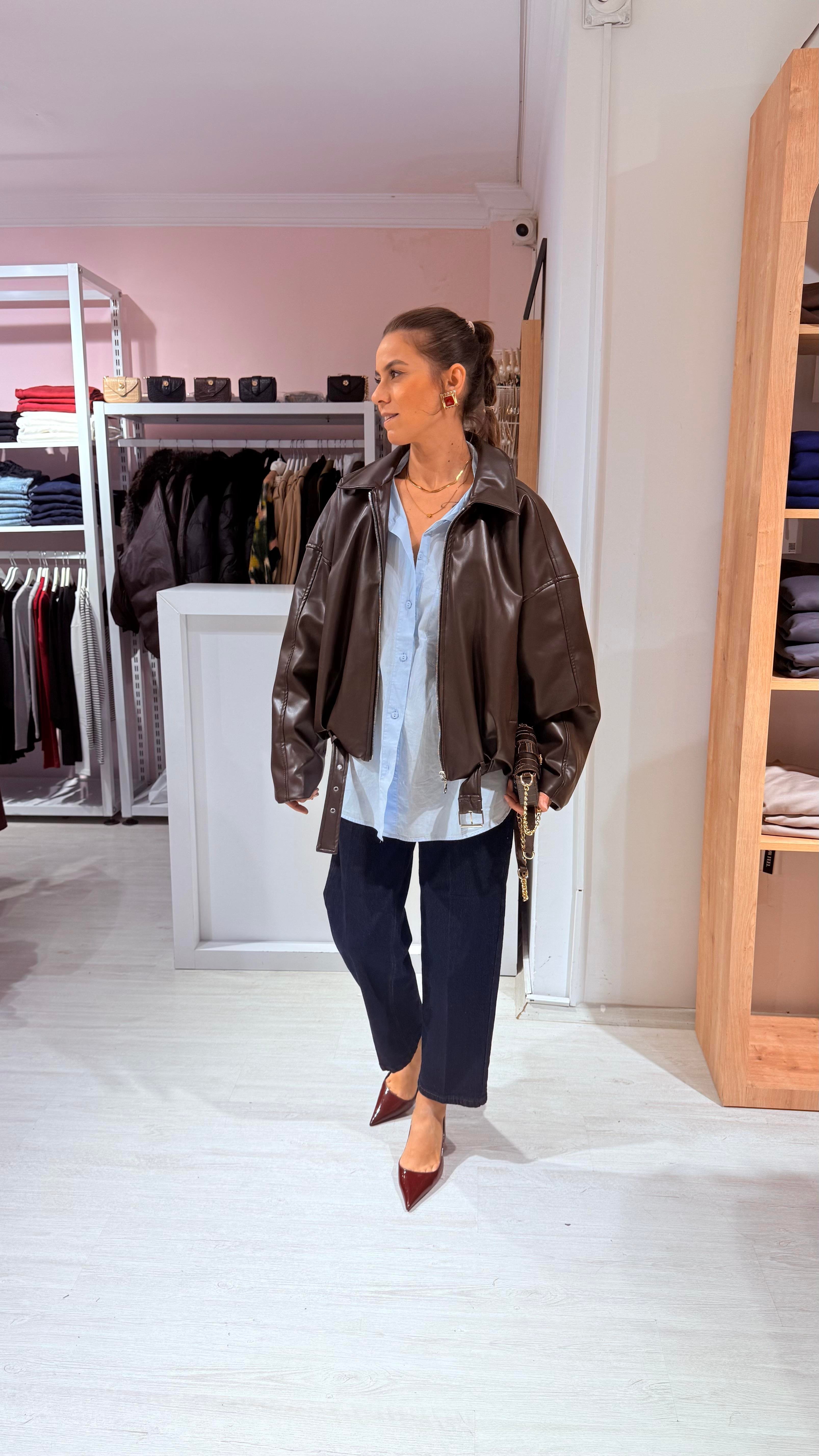 Acı Kahve Oversize Deri Ceket
