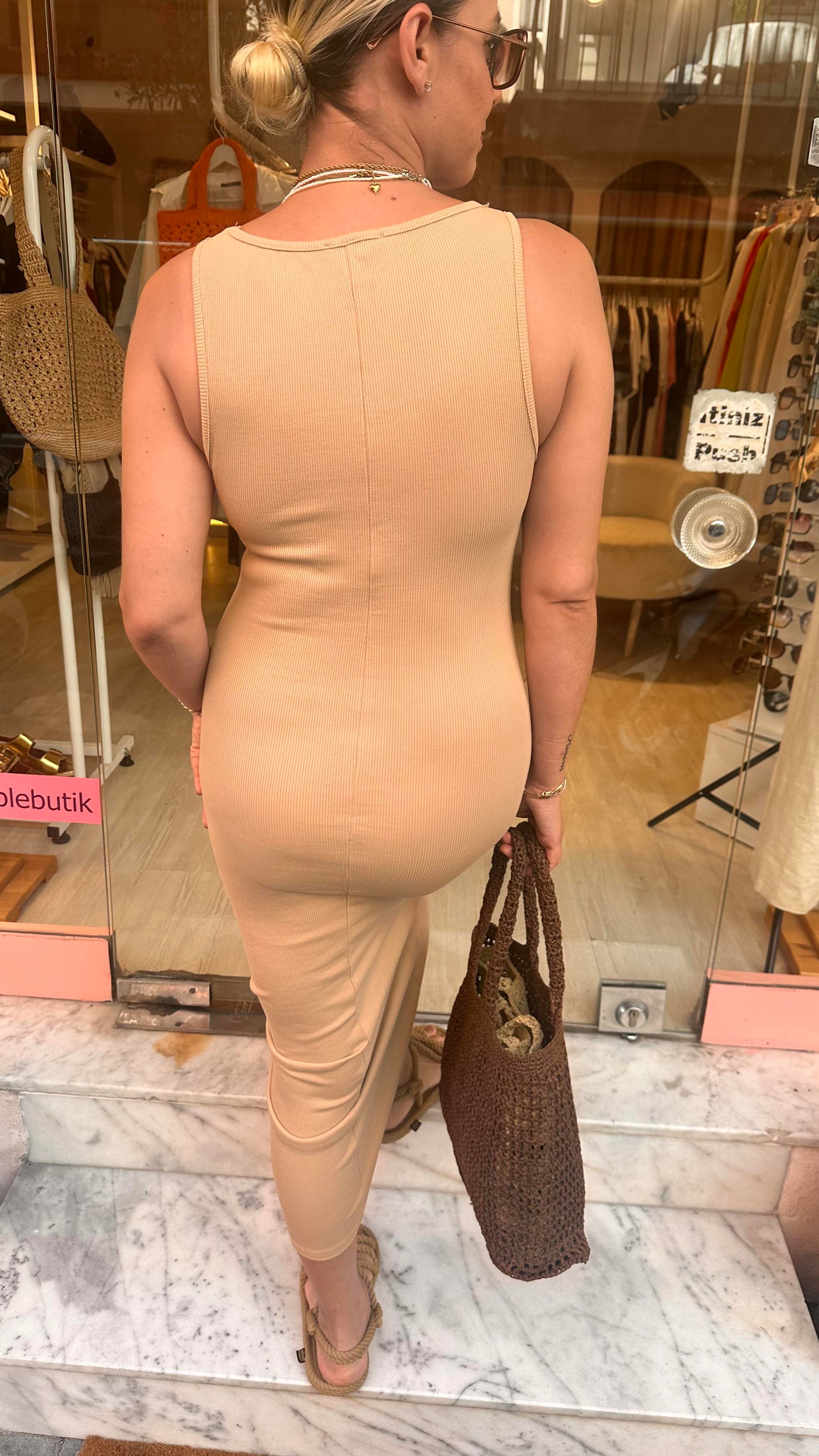 Bej Fitilli Maxi Elbise