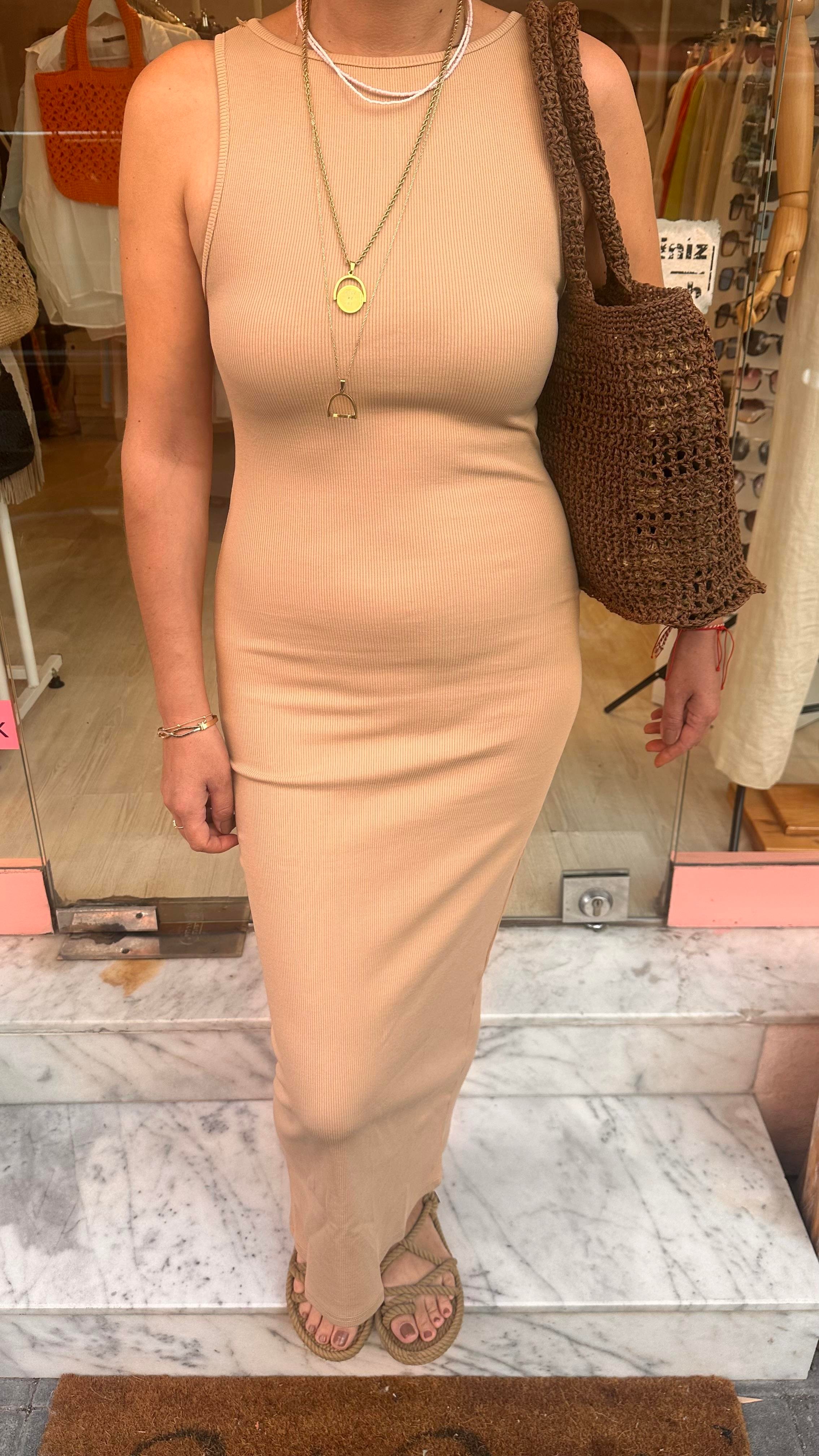 Bej Fitilli Maxi Elbise