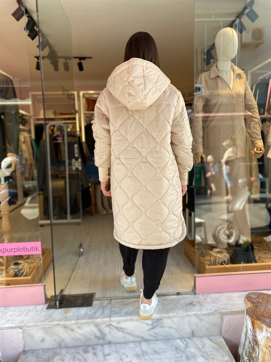 Bej Kapüşonlu Mont