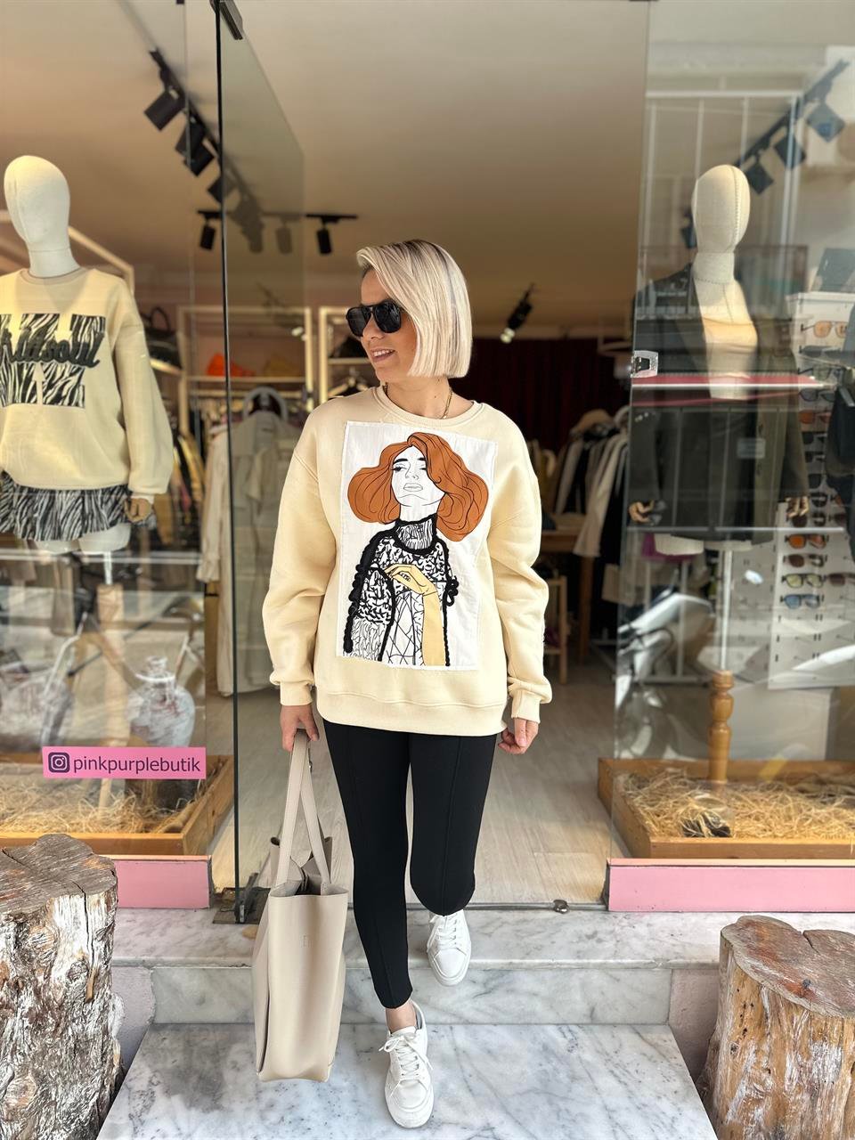 Bej Kızlı Sweatshirt